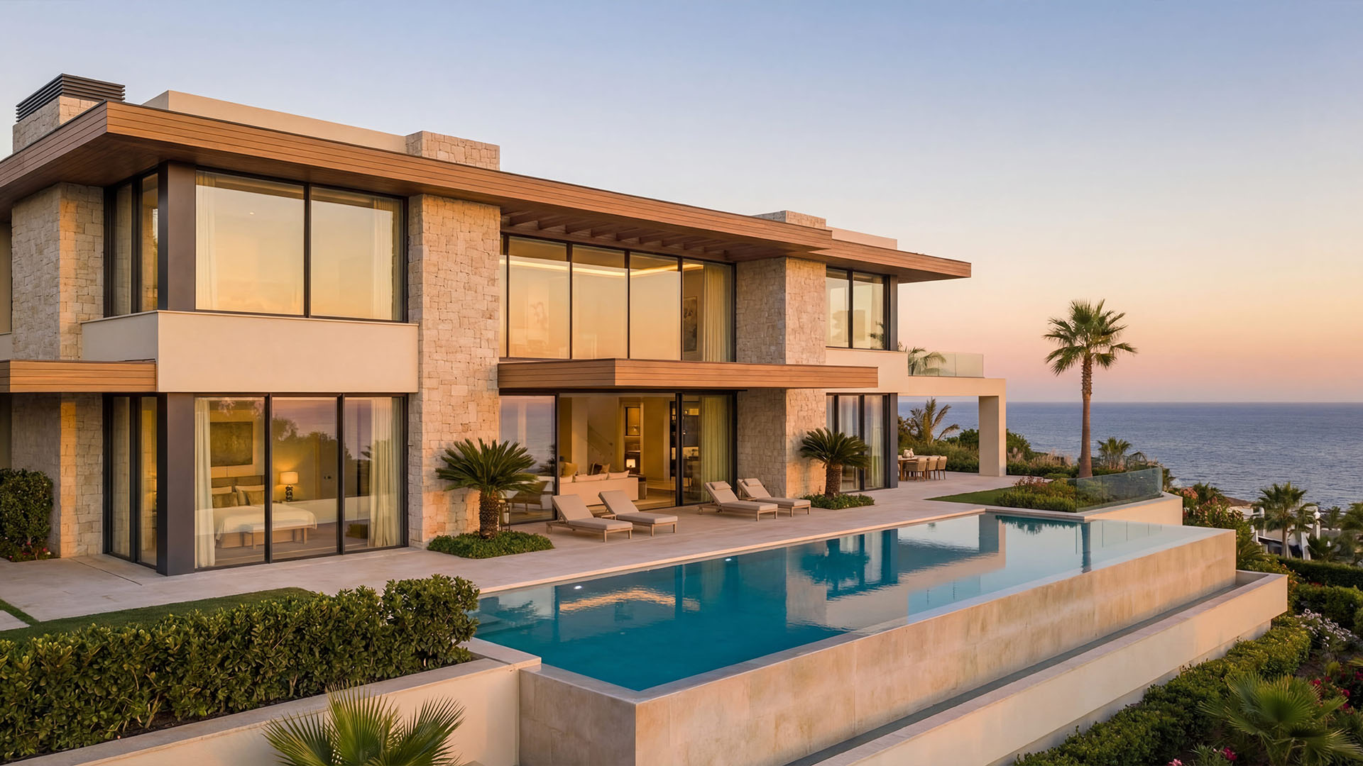 Contemporary luxury villa in Sierra Blanca Marbella with infinity pool and panoramic sea views at sunset