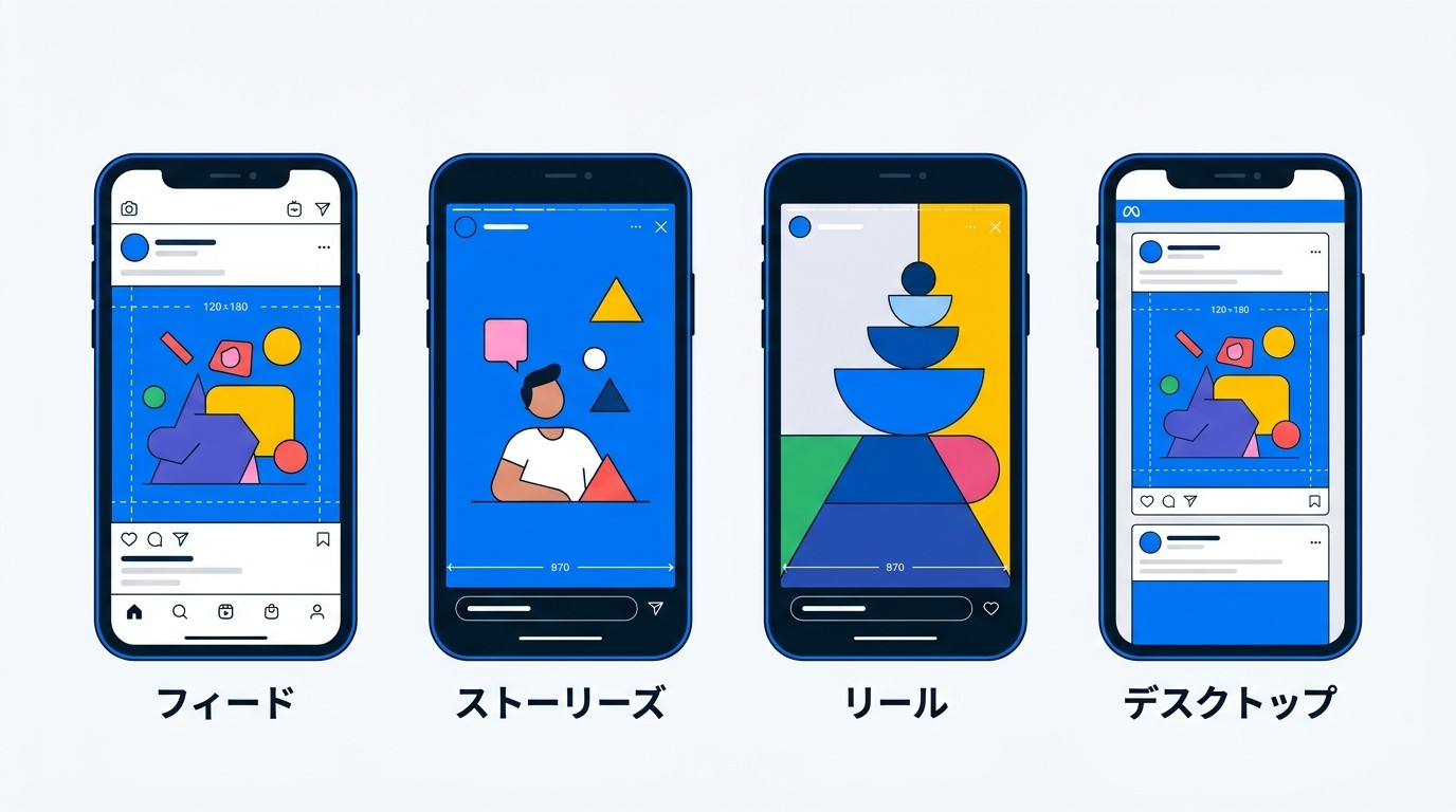 Meta広告の主要配信面と推奨サイズの関係。フィードでは1:1、ストーリーズ・リールでは9:16が基本で、デスクトップでは表示領域が変わるため事前確認が重要。