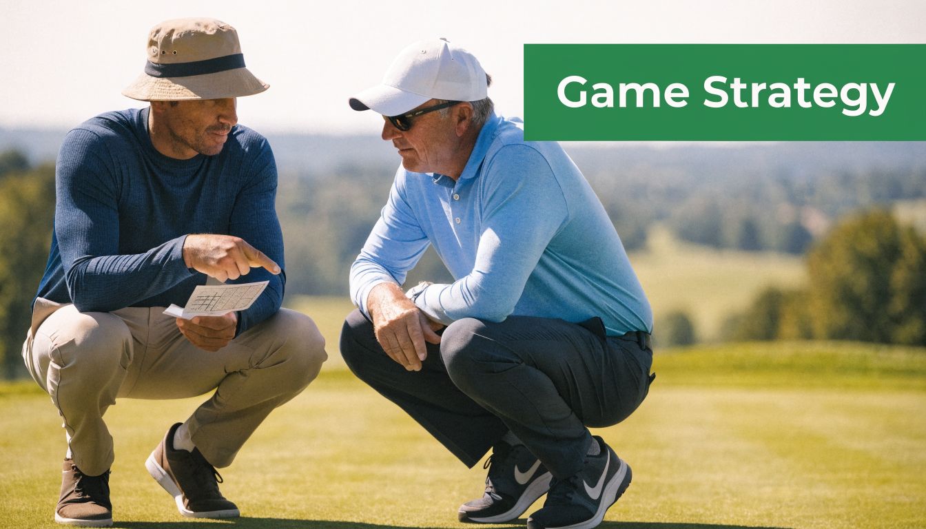 Two golfers wearing hats and sportswear crouching on a green to review a printed strategy scorecard.