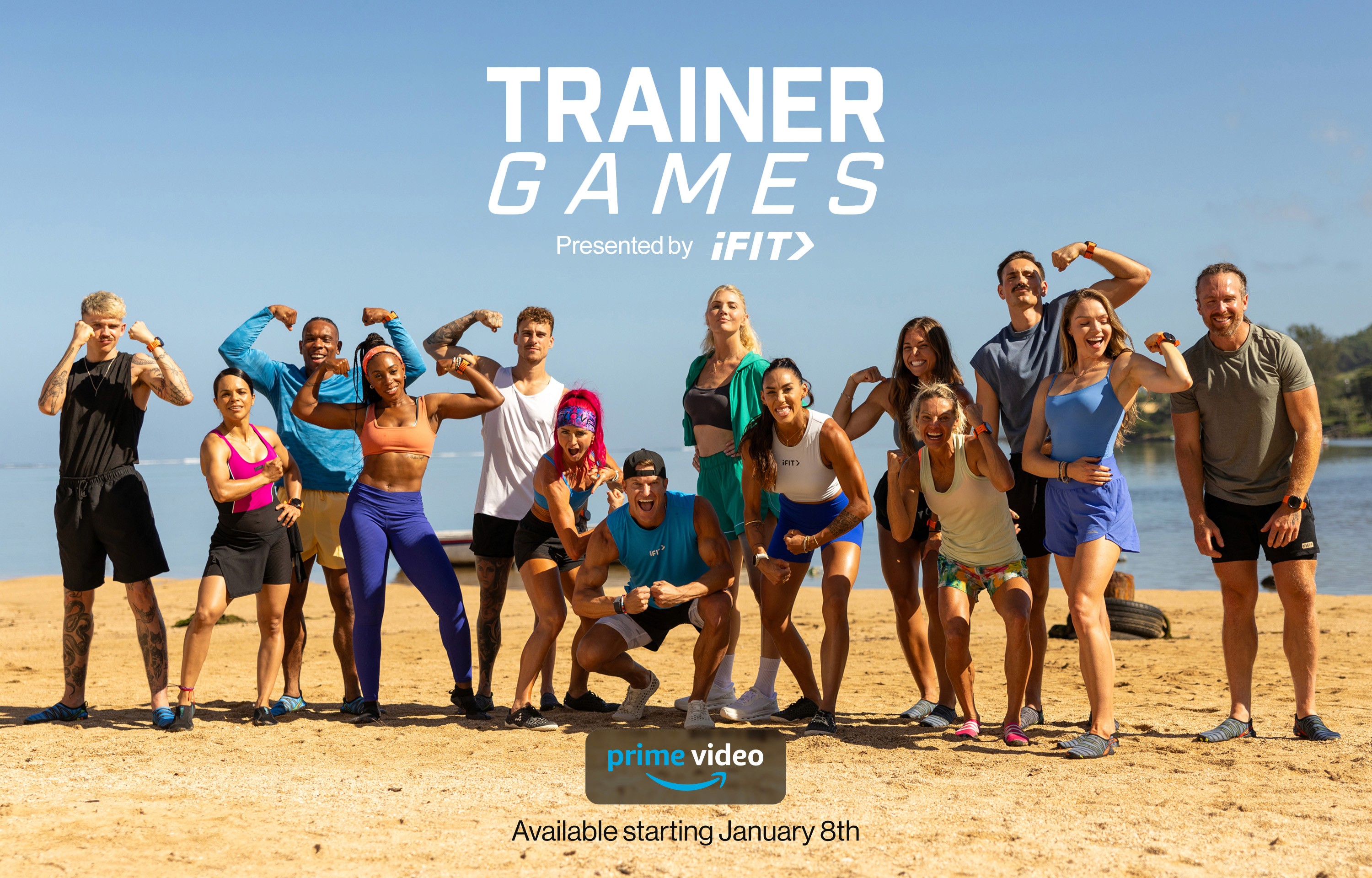 Promotional image for 'Trainer Games,' presented by iFIT and streaming on Prime Video, showing a group of fitness trainers posing and flexing on a sunny beach with the text 'Available starting January 8th.'