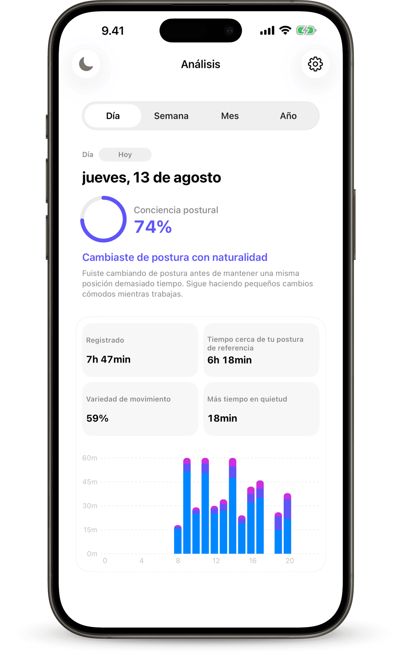 Vista de análisis de Airform en el iPhone con un resumen de postura y movimiento