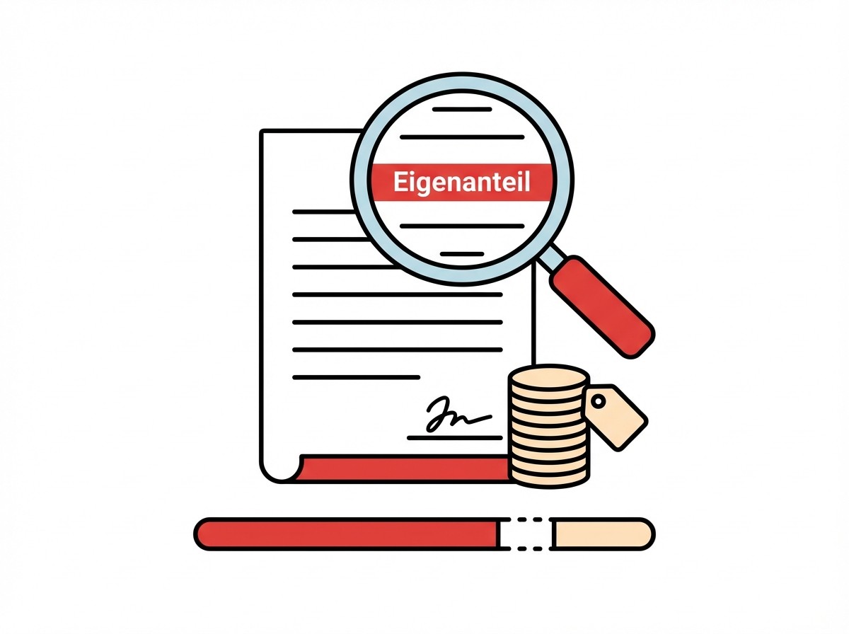 Vergrößerungsglas über Dokument mit dem Wort 'Eigenanteil', daneben Stapel Münzen mit Preisschild und ein Stift.