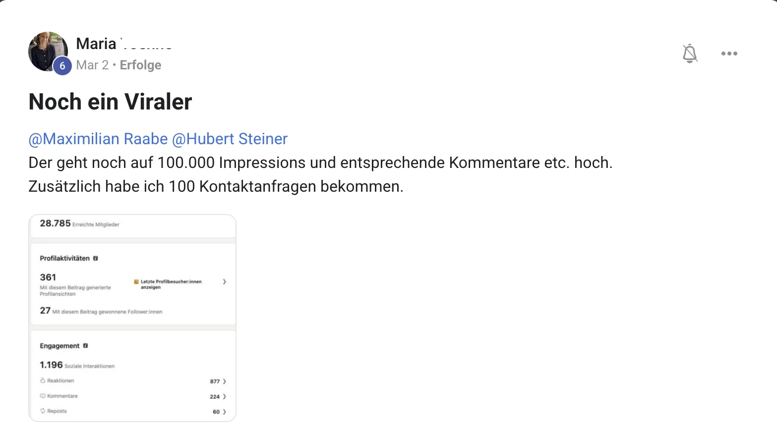 Erfahrungsbericht KI Creator Akademie: Coach Maria mit LinkedIn-Post Richtung 100.000 Impressionen