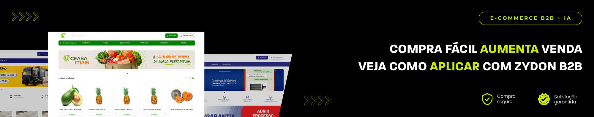 Banner horizontal com fundo escuro, ícones de segurança e satisfação, e imagens de lojas B2B exibidas à esquerda. Elementos gráficos em verde destacam o tema de e-commerce B2B com IA.