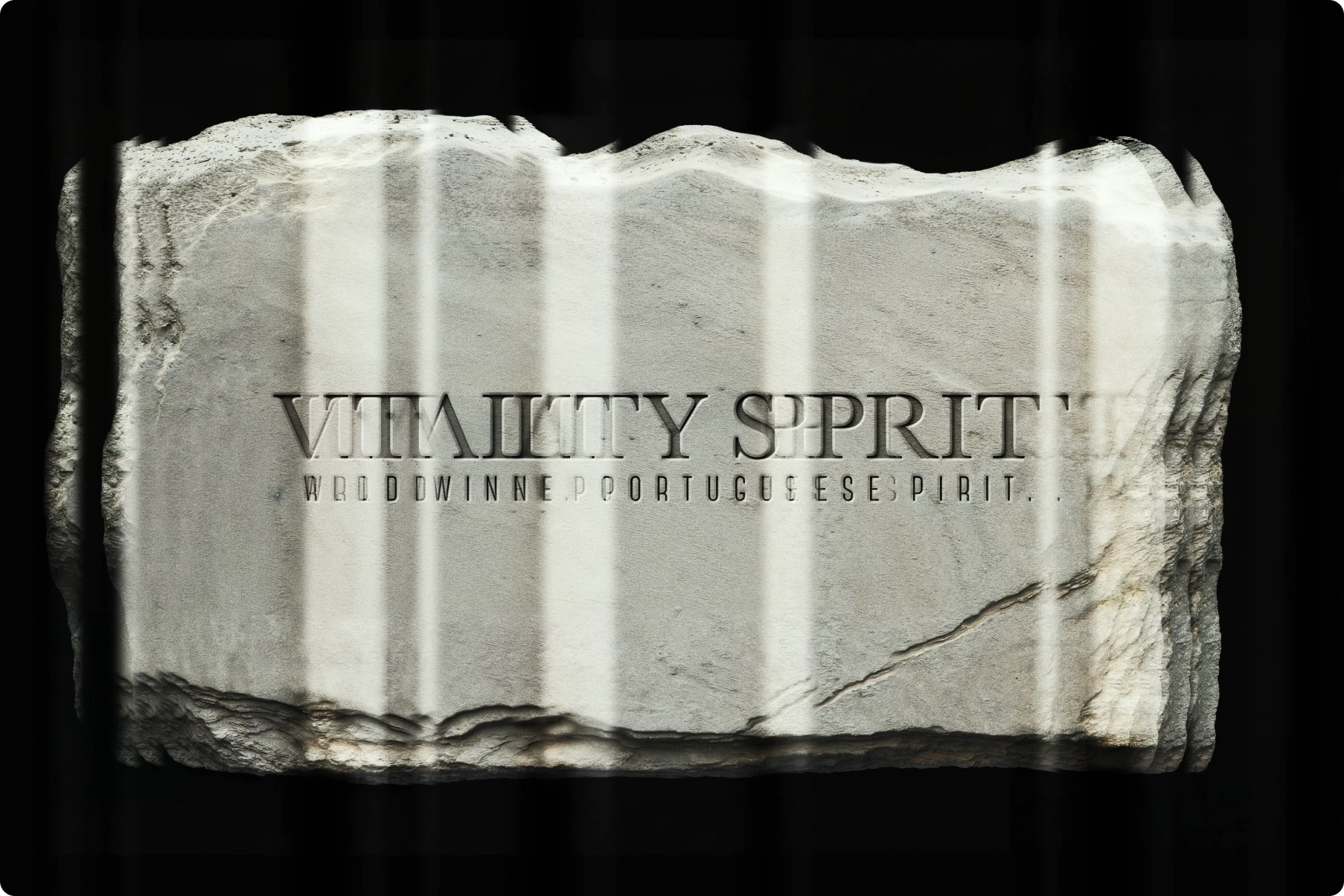 Weathered stone plaque on a black background reads “VITA LIBERTY SPIRIT” and “PROUDLY IN PORTUGUESE SPIRIT,” evoking resilience.