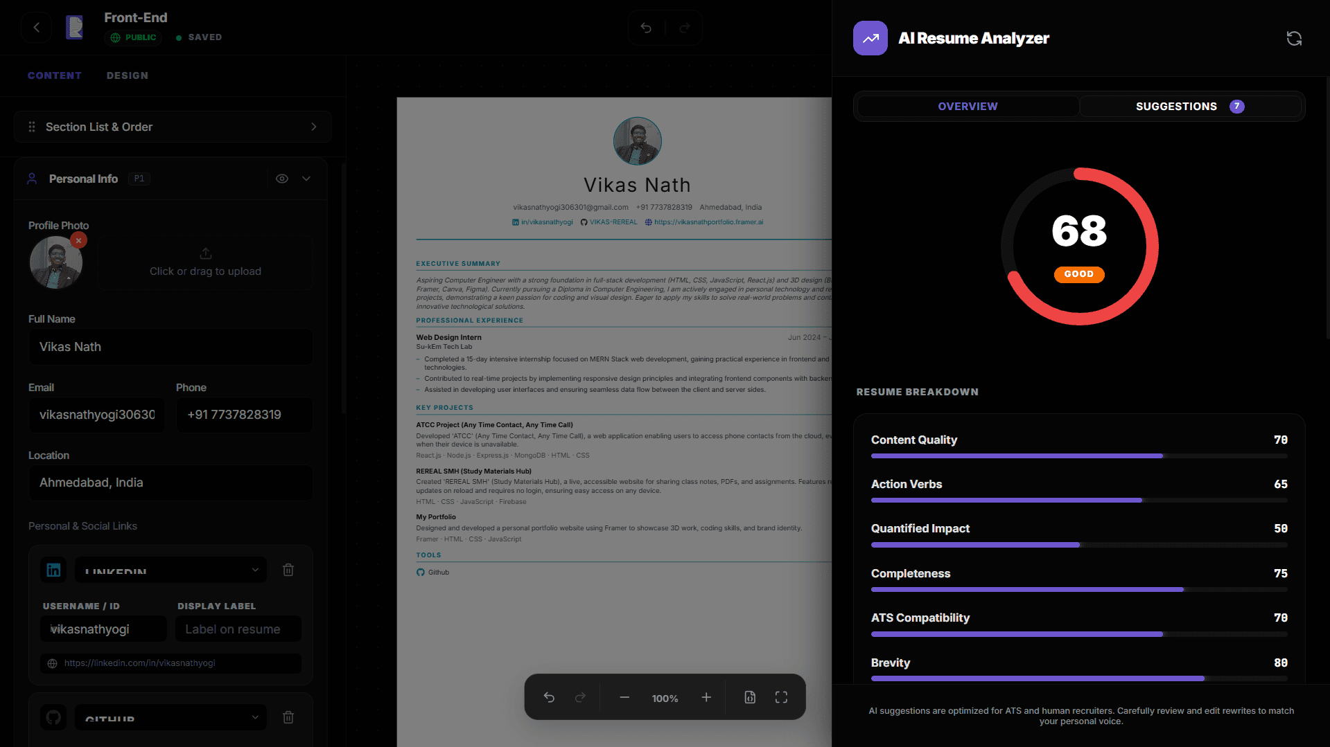 Ai analysis page of rereal resume builder website 