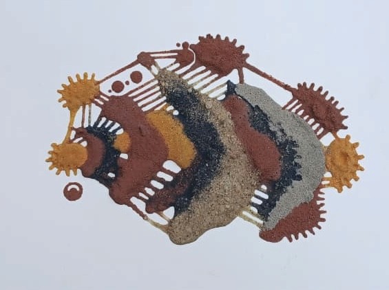 herd of sheep on road painting