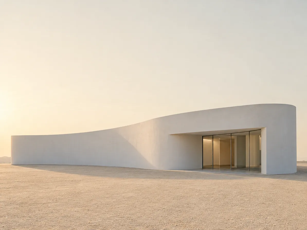White gallery building with a long curving wall on pale sand ground