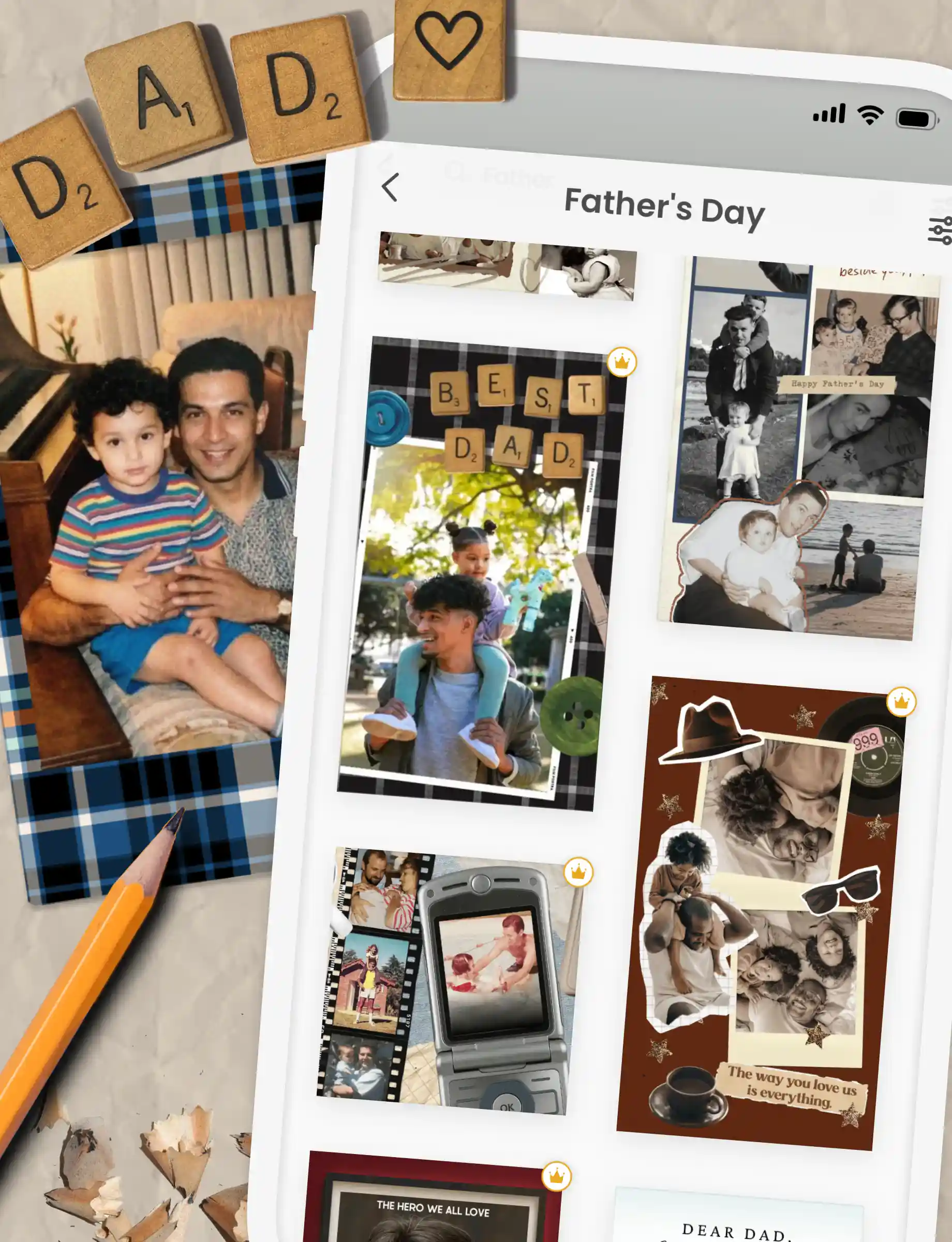 Step 1: Browse Father's Day card templates in PicCollage, shown with Scrabble 'DAD' tiles and a vintage father-child photo.