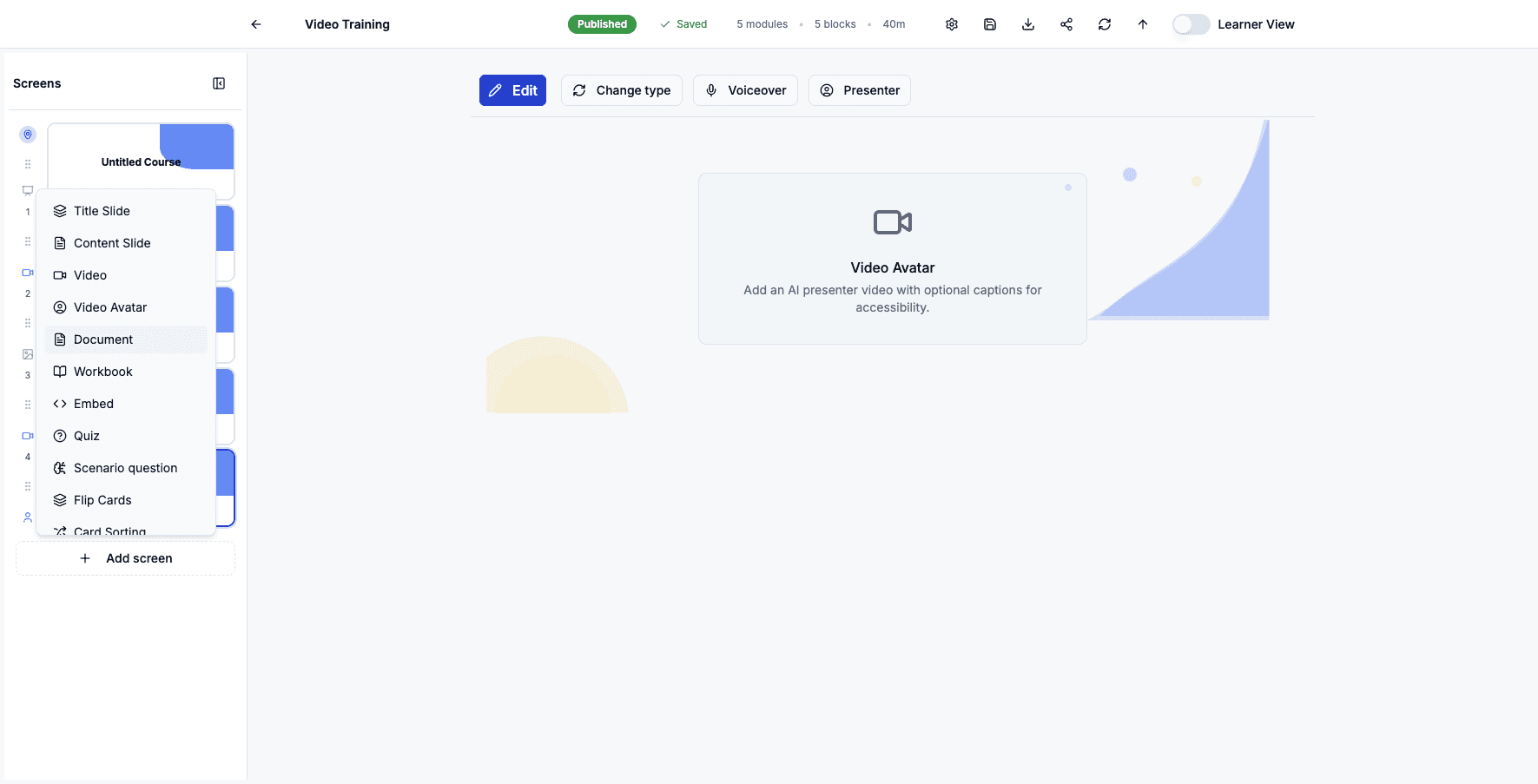 Select Document to add a PDF file that learners can view or download as reference material.