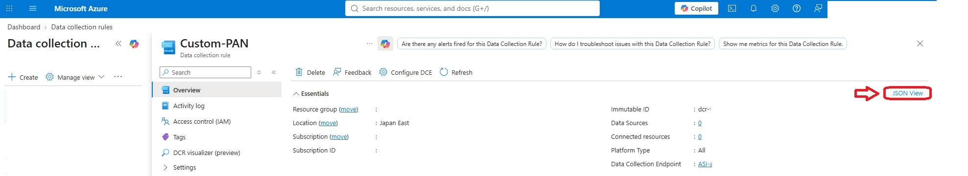 Azure Data Collection Rule overview with the JSON View control highlighted.