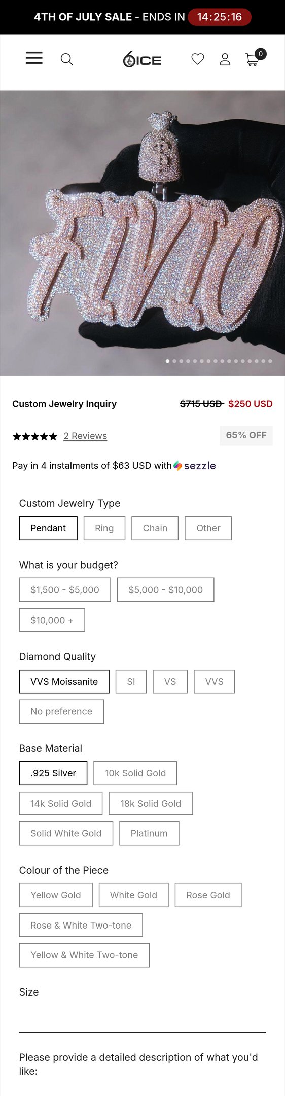 Jewelry product options include: ring, pendant for Custom Jewelry Inquiry from 6 ICE.