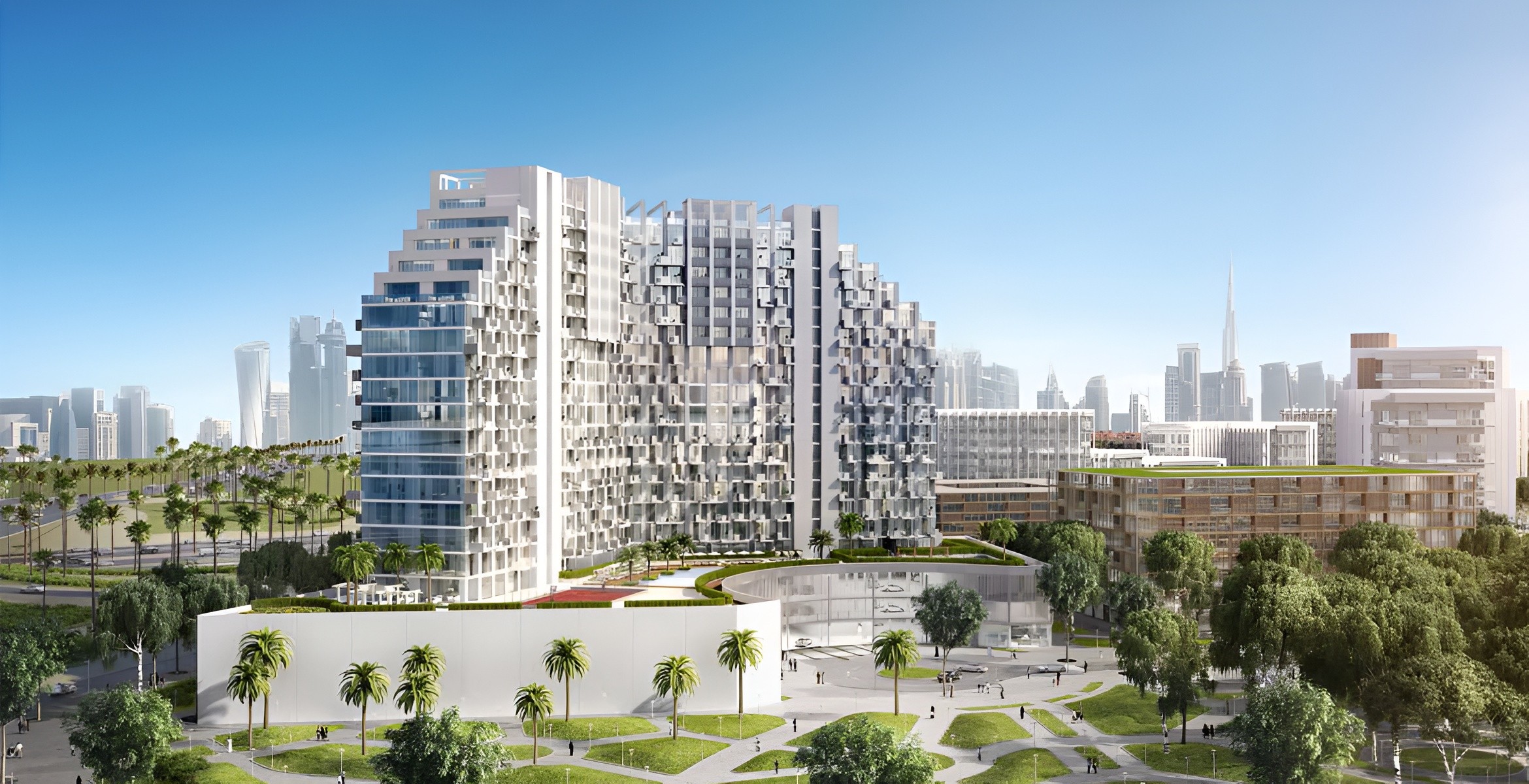 Modern architectural design of Farhad Azizi Residence with palm-lined pathways and a clear city backdrop.