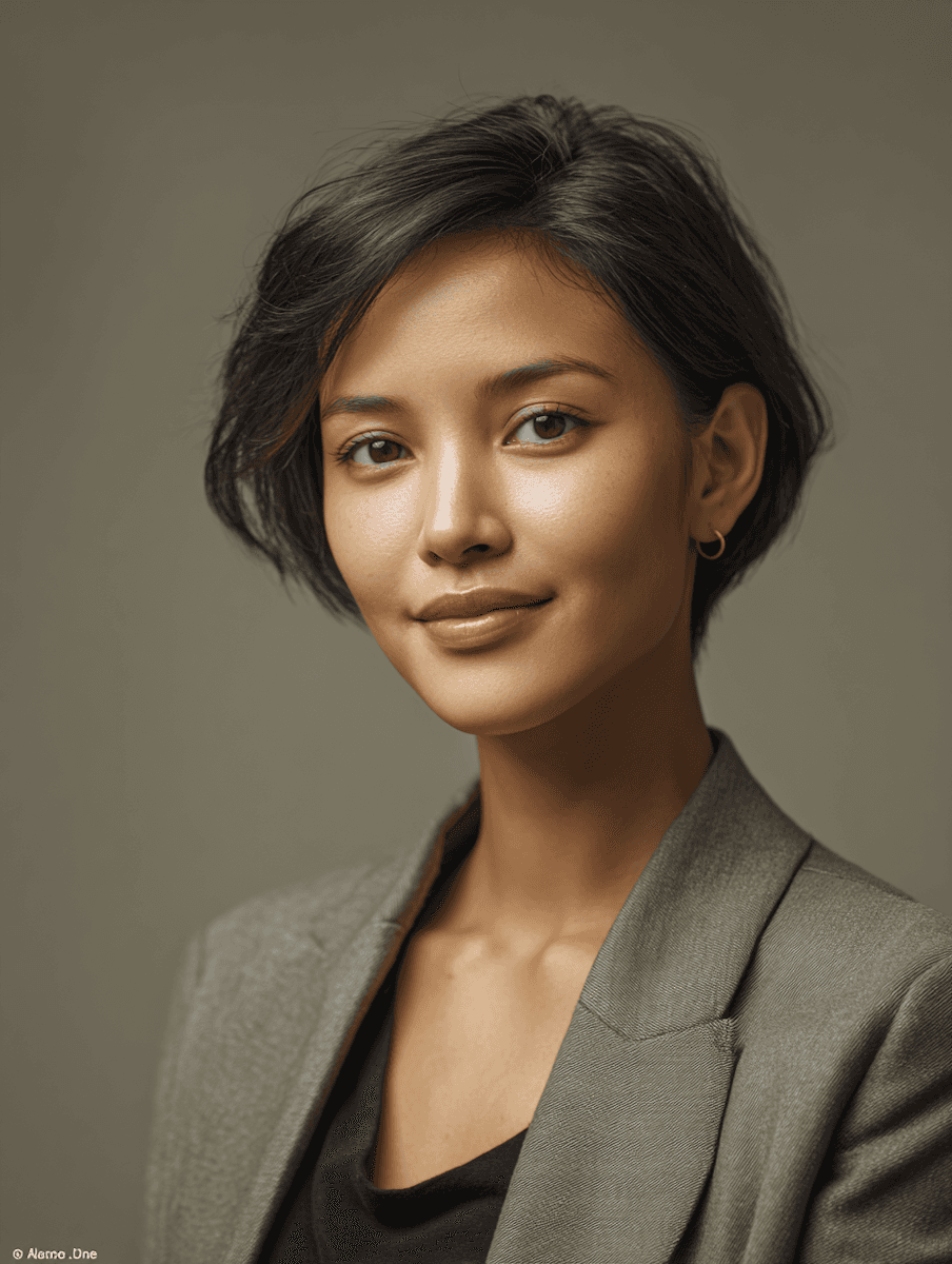 Portrait of a confident woman with short black hair, wearing a grey blazer over a black top. She has a slight smile, conveying a professional and approachable demeanor against a neutral background.