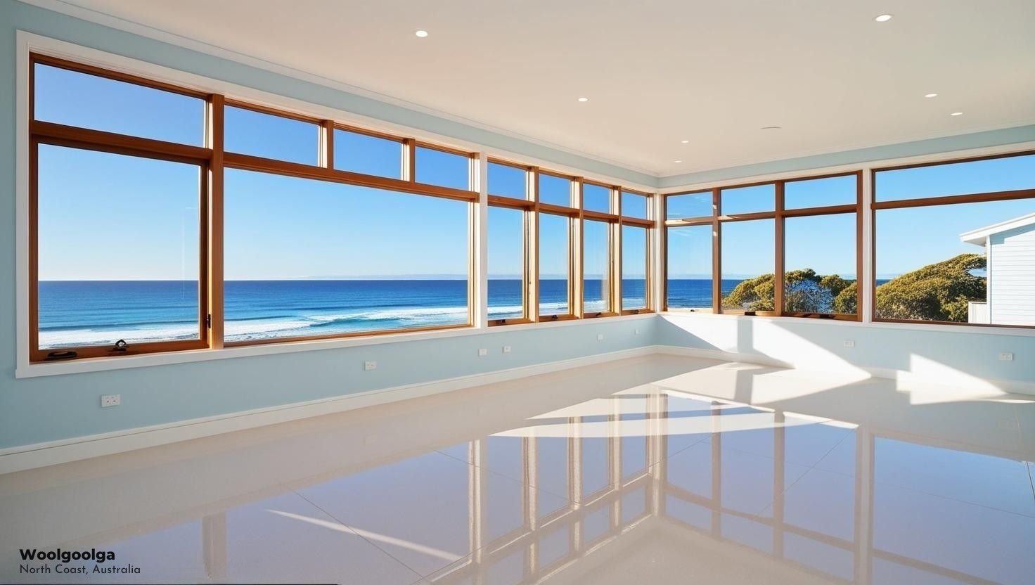 Immaculately clean coastal home in Woolgoolga with ocean views through large windows, showcasing pristine surfaces and modern Australian beach house interior design