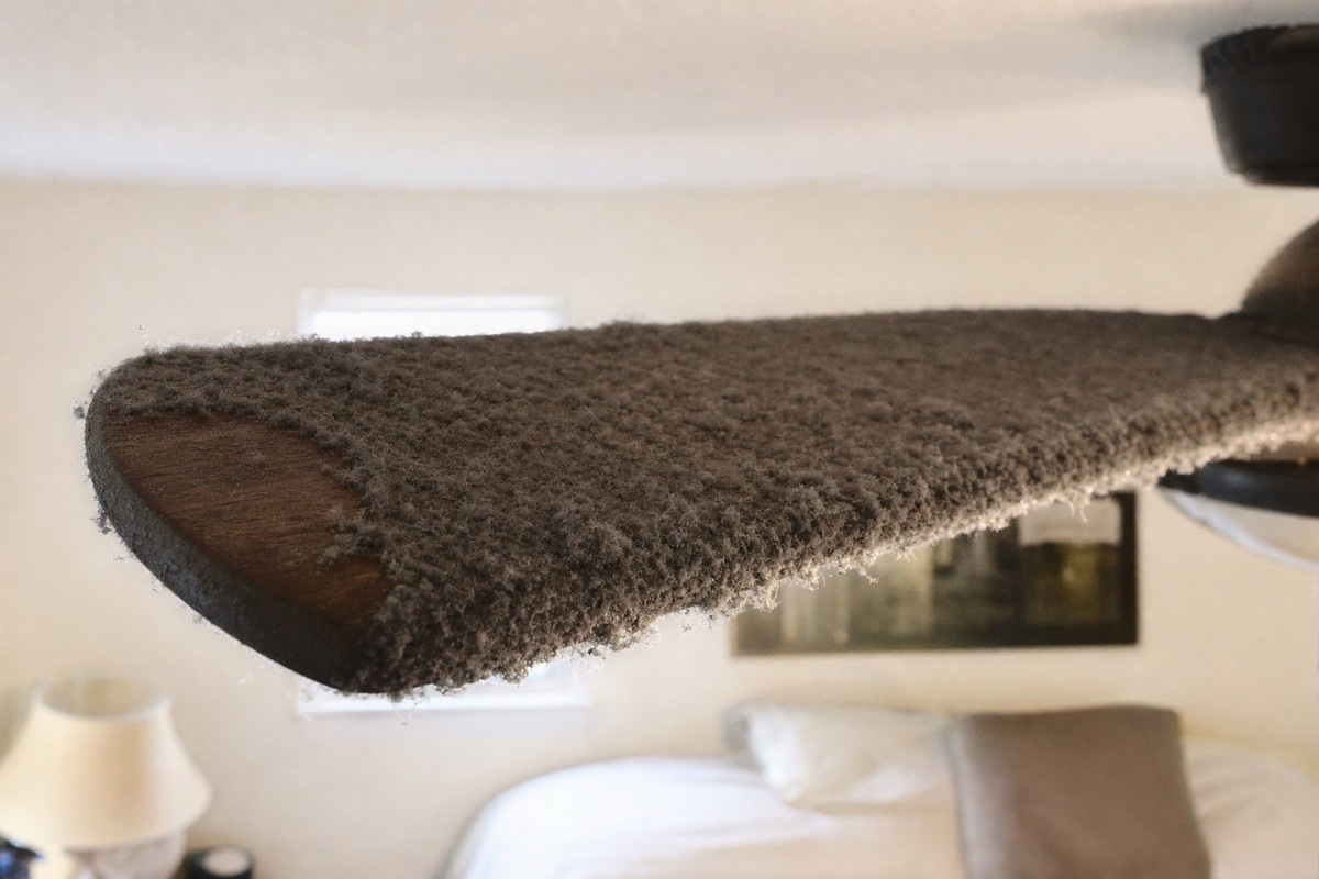 Extreme close-up of a finger dragging a ridge of gray dust and lint off the top edge of a ceiling fan blade