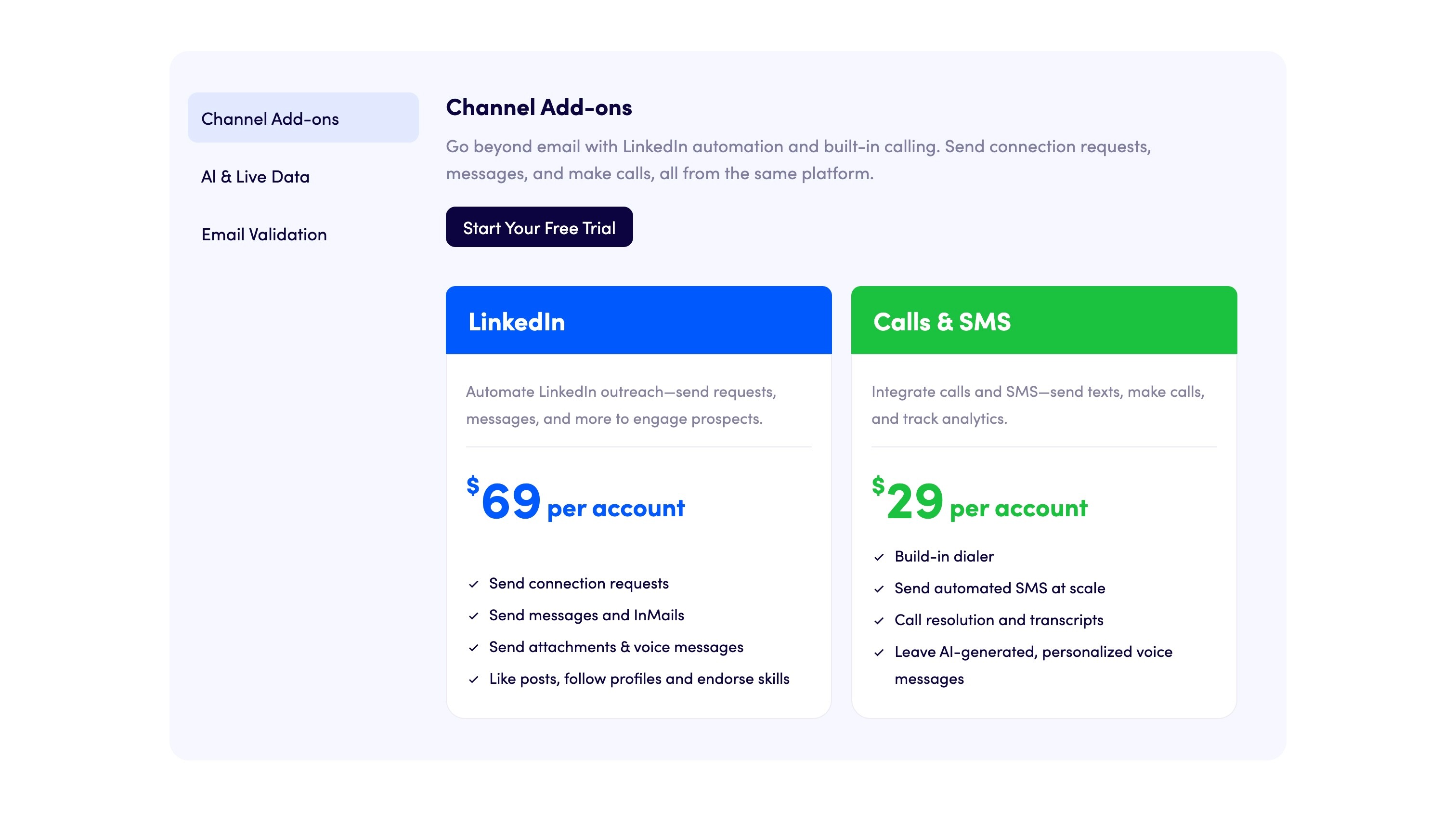Reply.io's published add-ons in 2026, priced per account rather than per seat like the plans they attach to.