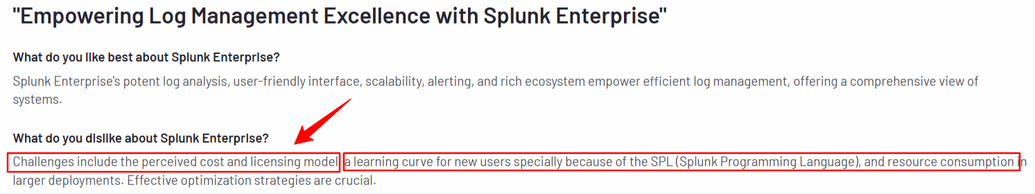 Splunk Enterprise review mentioning high cost, SPL learning curve, and resource usage