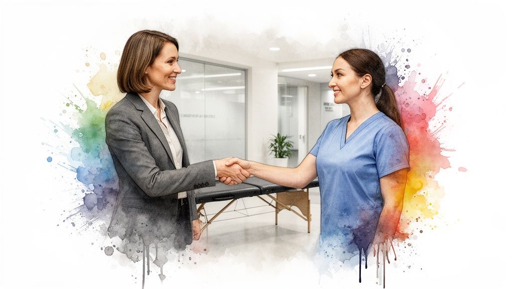 Dos mujeres sonrientes, una empresaria y una profesional de la salud, se dan la mano en una clínica.