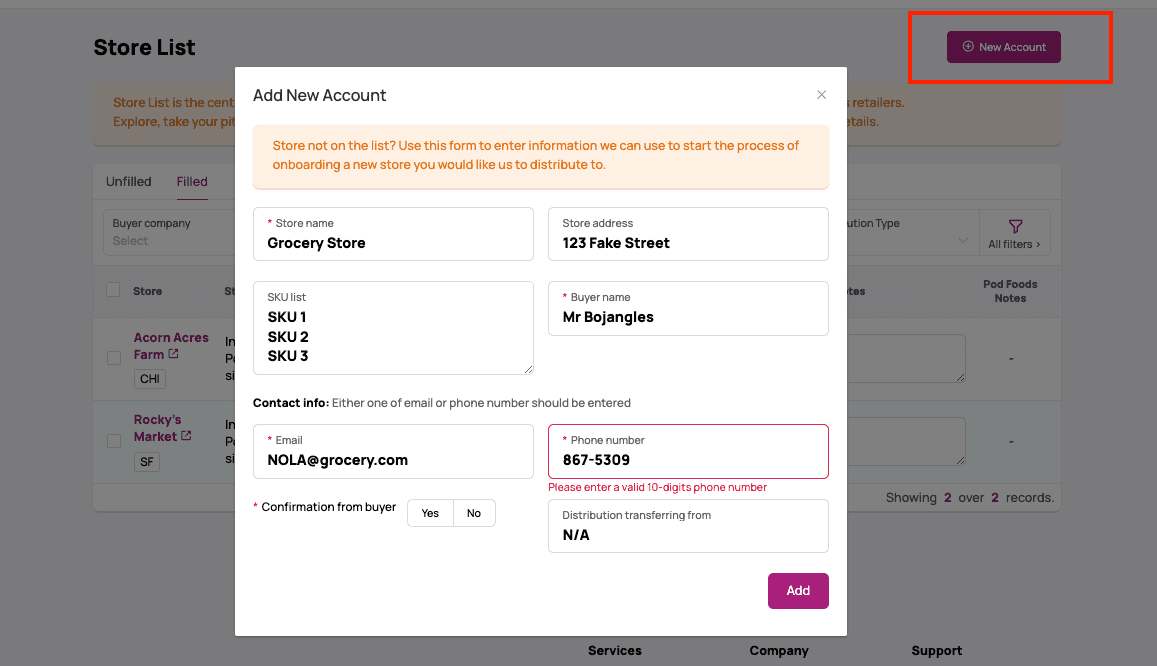 Store List + New Account