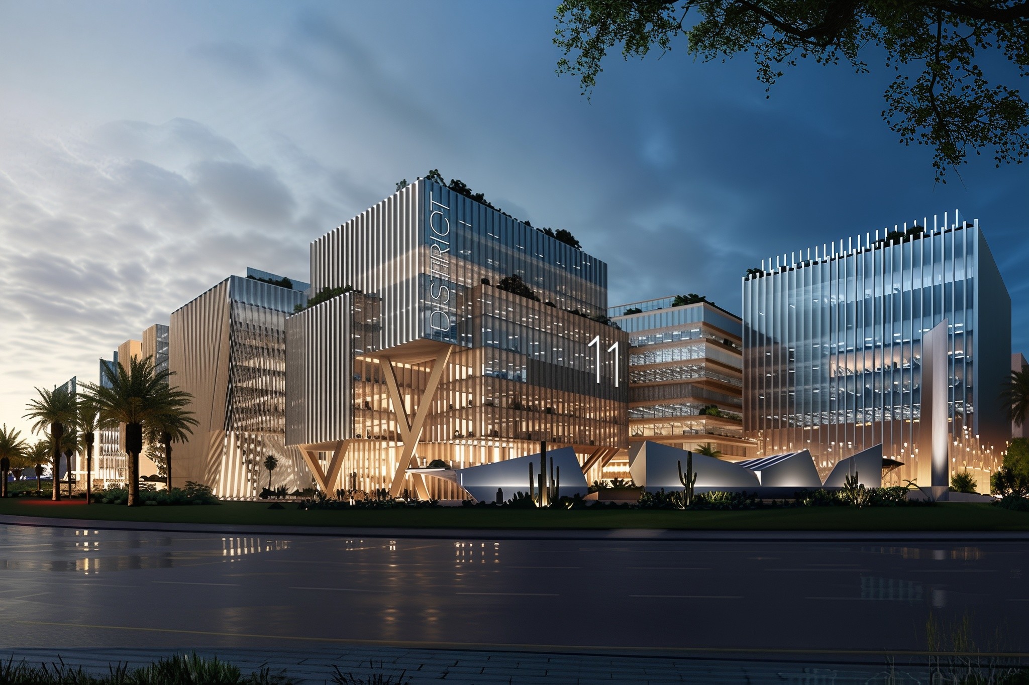 Modern office building design in District 11, featuring sleek lines and contemporary architecture.