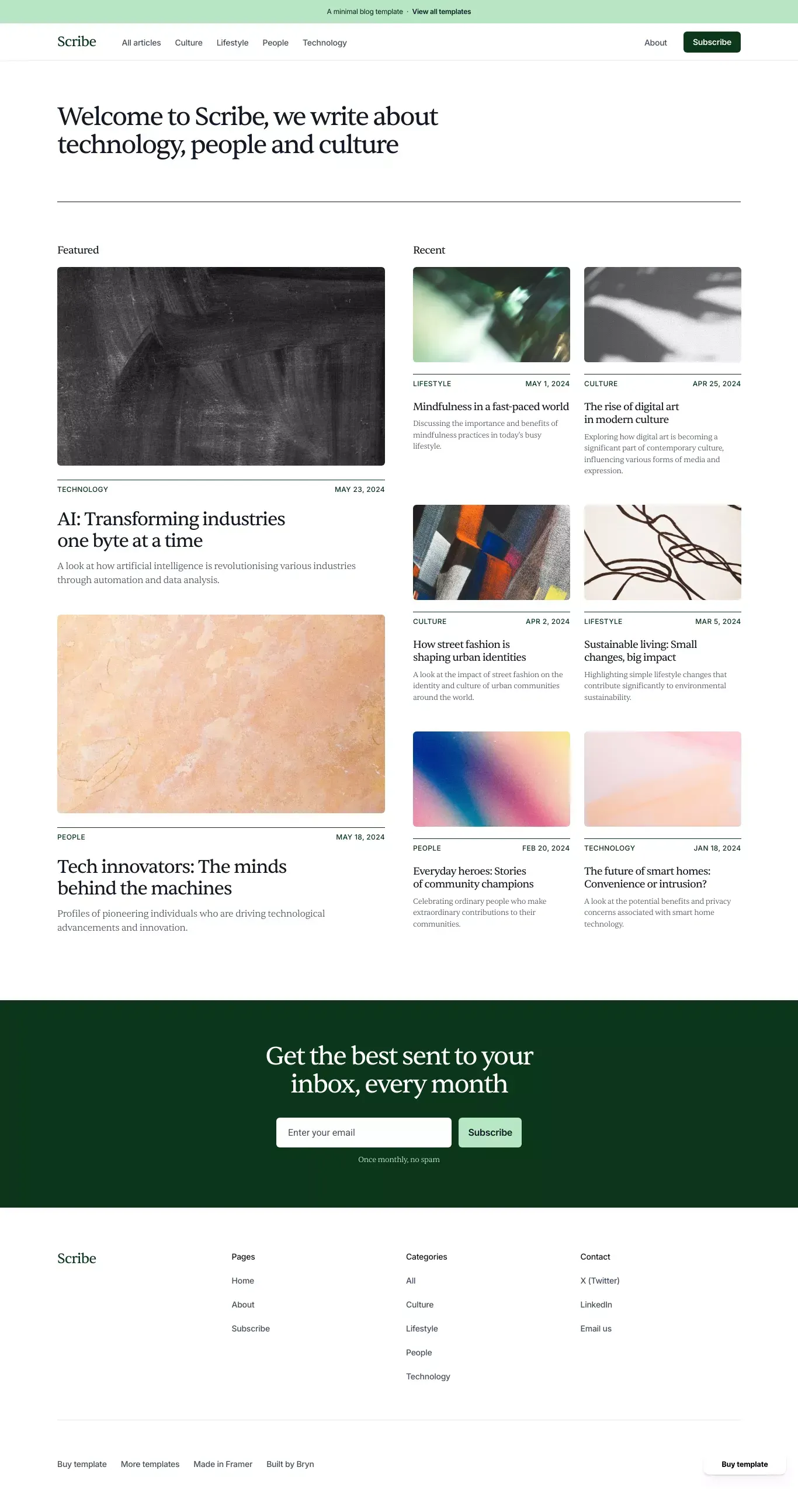 Scribe - Blog Template for Framer landing page screenshot showcasing Education design