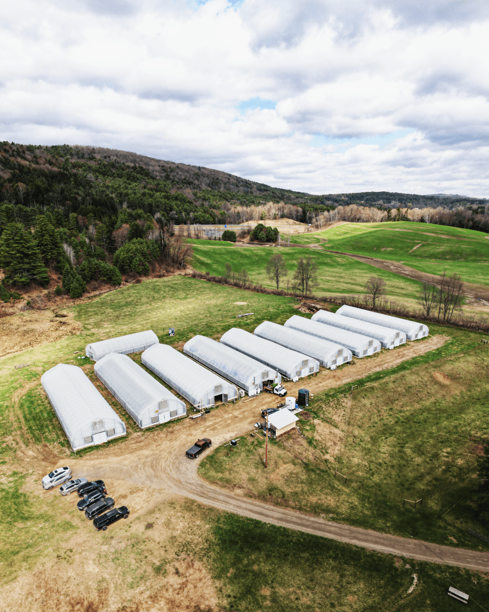 Aerial view of Sunkissed Farm's twenty-nine acres with rows of greenhouse tunnels, Windsor, Vermont