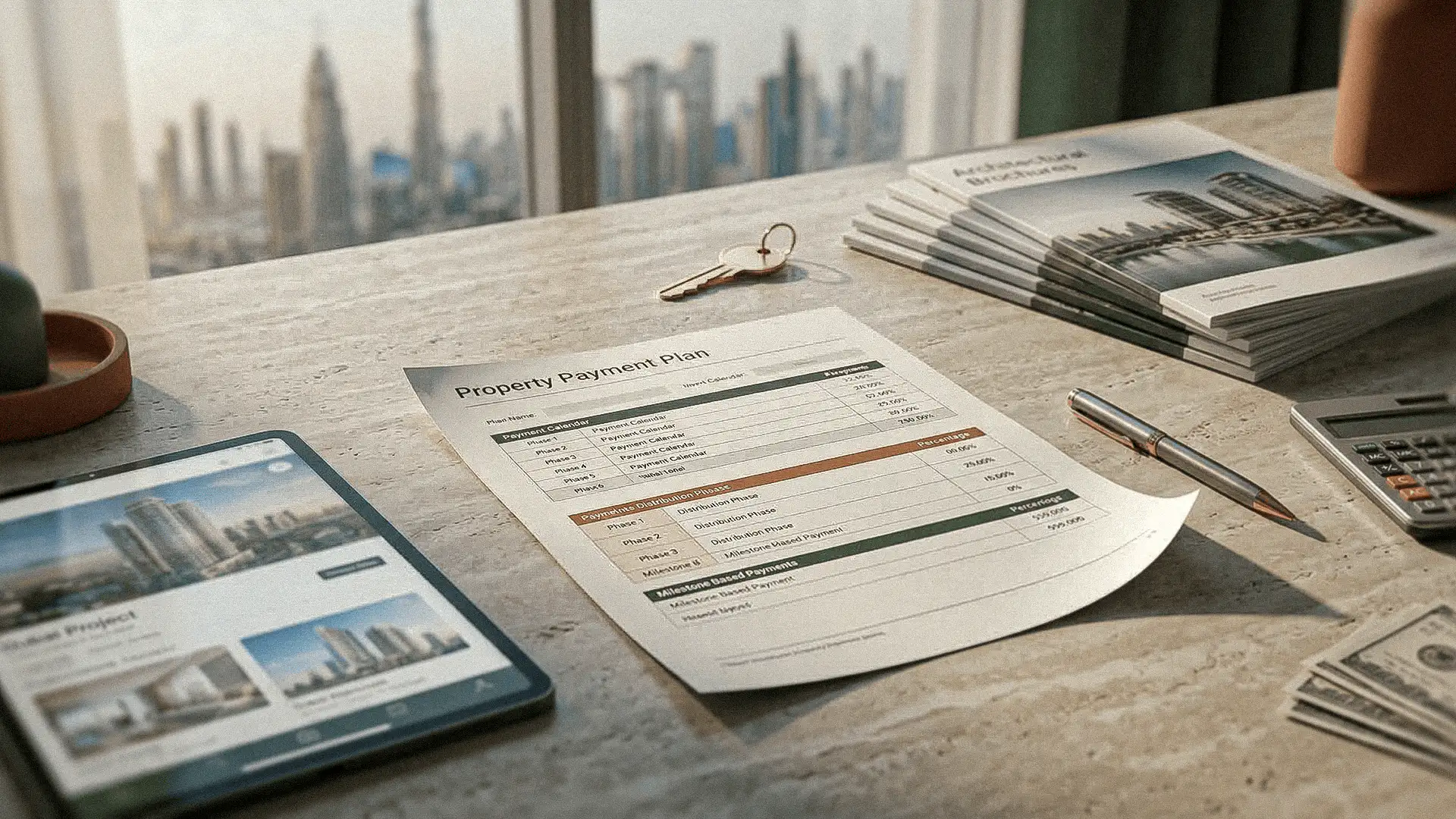 Plan de pagos de propiedad inmobiliaria con herramientas financieras para analizar inversión.