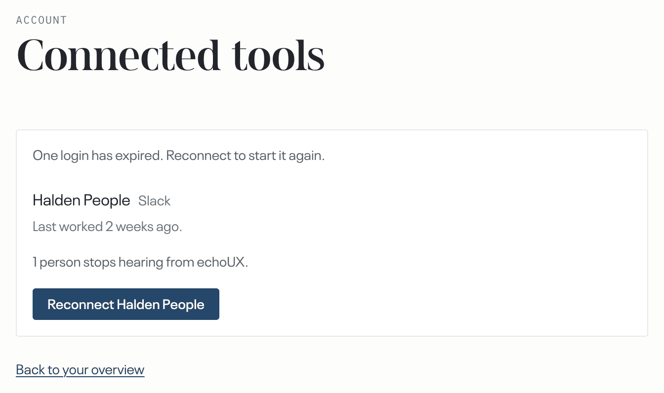 Connected tools, demo account · the card for one tool, with Reconnect Acme Stays