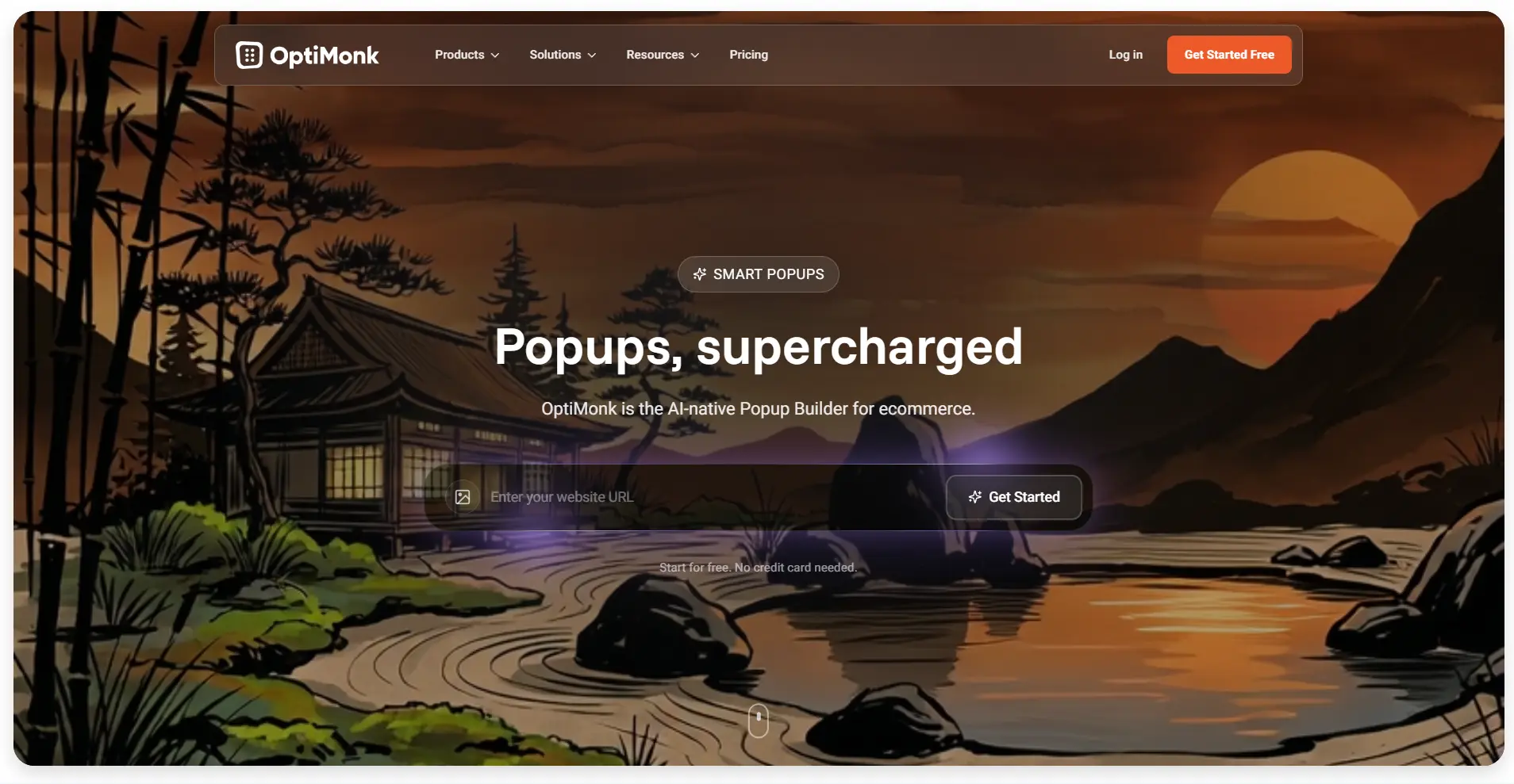 OptiMonk homepage hero section set against an illustrated serene East Asian landscape with the main headline “Popups, supercharged. OptiMonk is the AI-native Popup Builder for ecommerce”