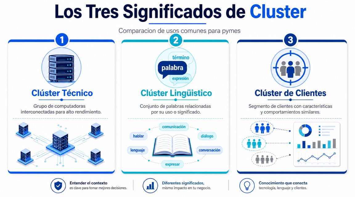 Infografía explicando los tres significados principales de clúster: técnico, lingüístico y de clientes para empresas.