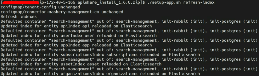 Terminal output of the refresh-index command reloading the search indexes