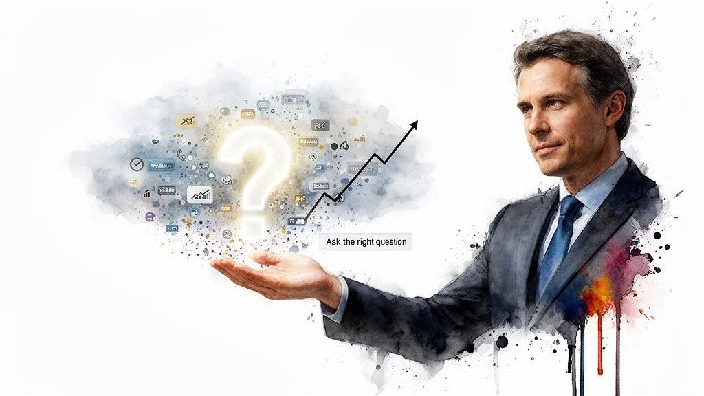 Businessman presenting a glowing question mark, data icons, and an upward trend, with text 