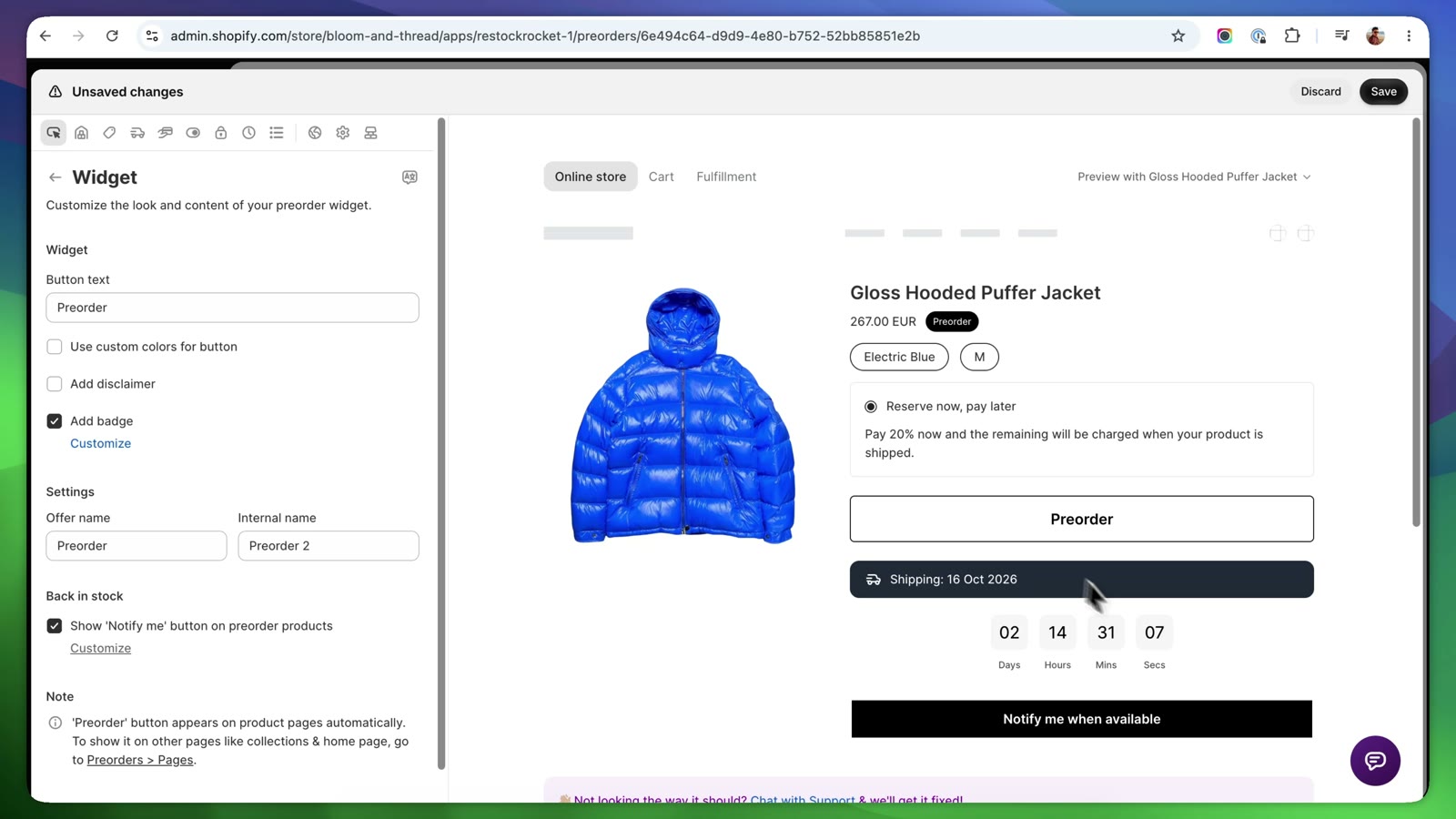 Setting up a STOQ preorder widget on a product page with a ship date and countdown