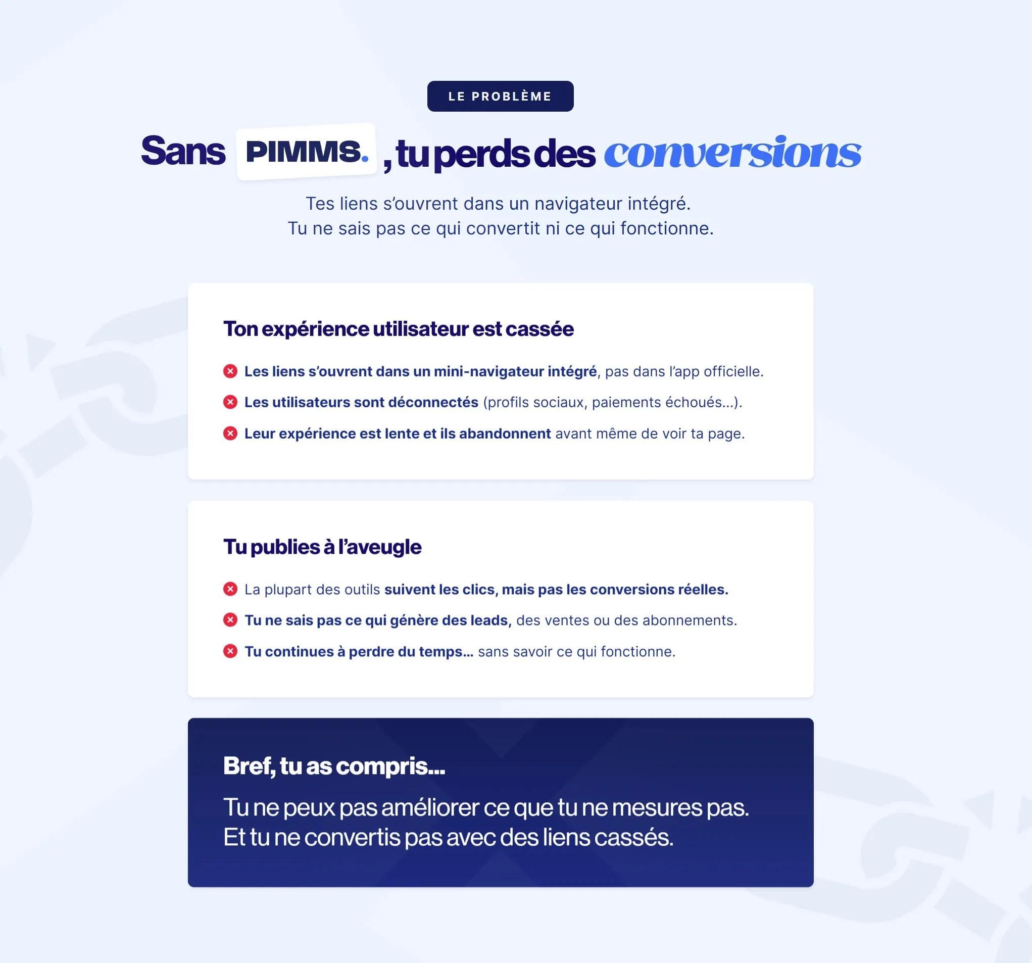 section problème landing page pimms