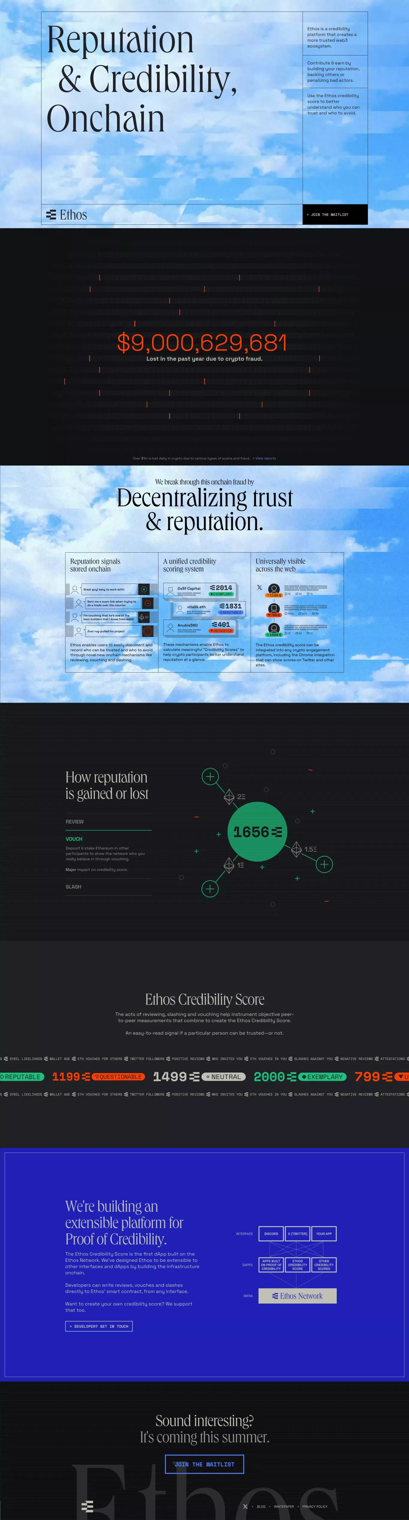 Ethos - A safer & more trusted on-chain landing page screenshot showcasing Tech and Finance design