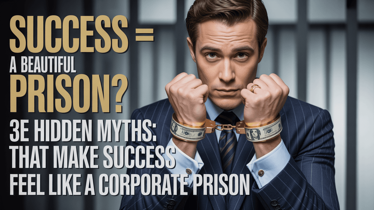 Businessman in suit with dollar-bill handcuffs beside prison-bar shadows and Success = A Beautiful Prison? headline
