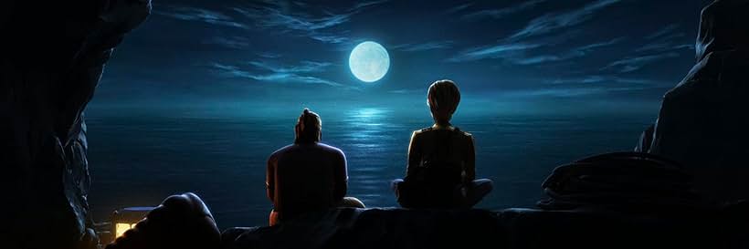 Two figures looking at the moon over an ocean