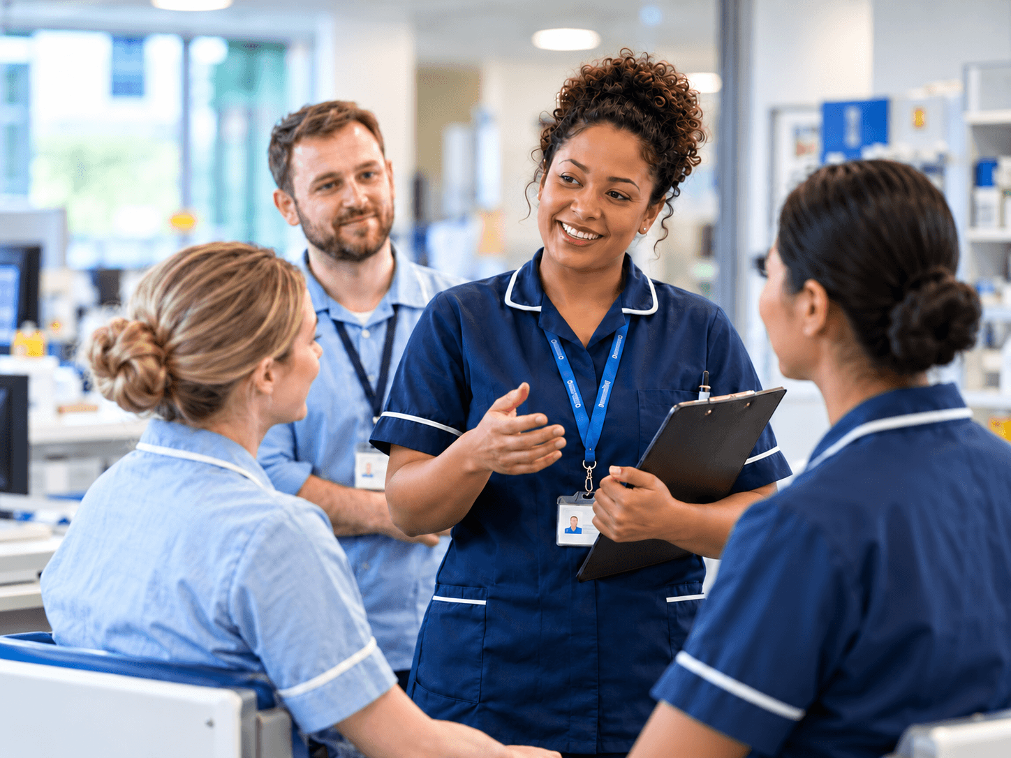A nurse explaining things to other team members with a smile