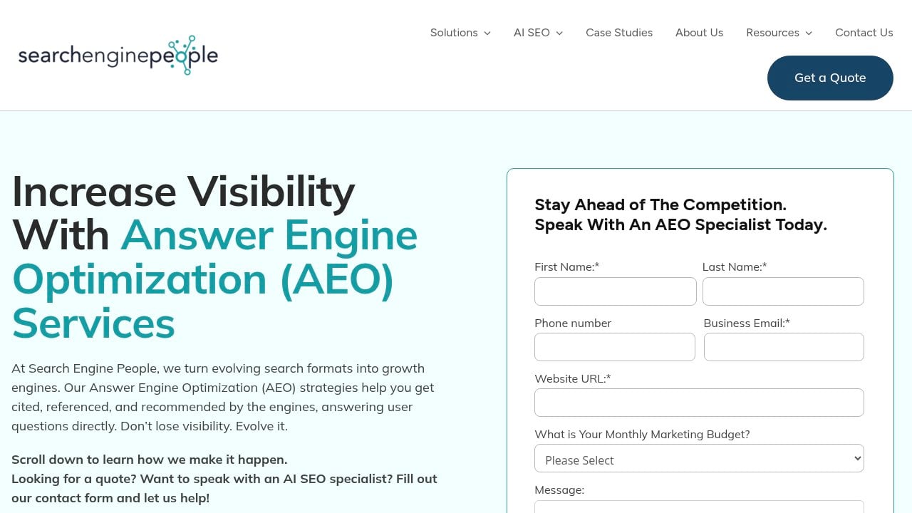 Search Engine People AEO services page showing SEO-first agency adding Answer Engine Optimization