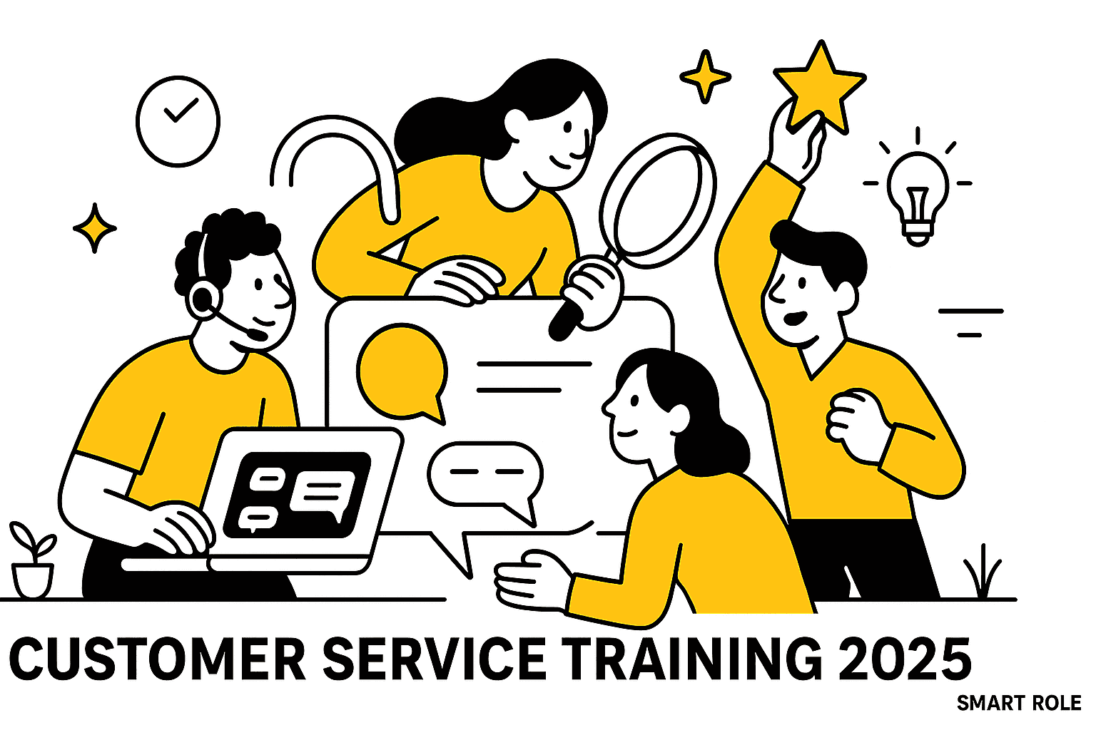 Playful illustration of diverse customer service agents in Smart Role’s minimalist style, using a headset, analyzing queries, and celebrating performance with a star, set against a white background.