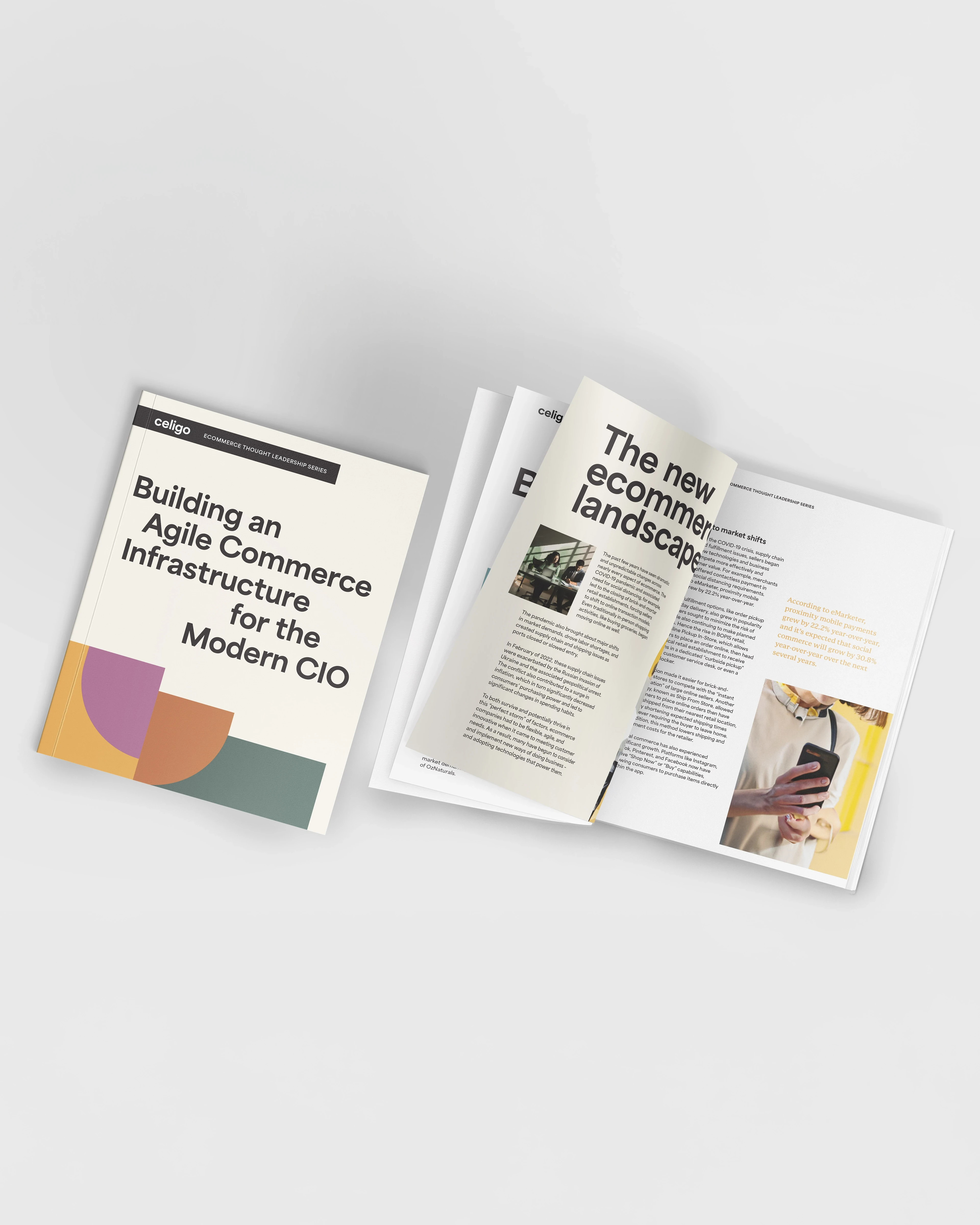 The cover and inside spread of an ebook produced in the new branding