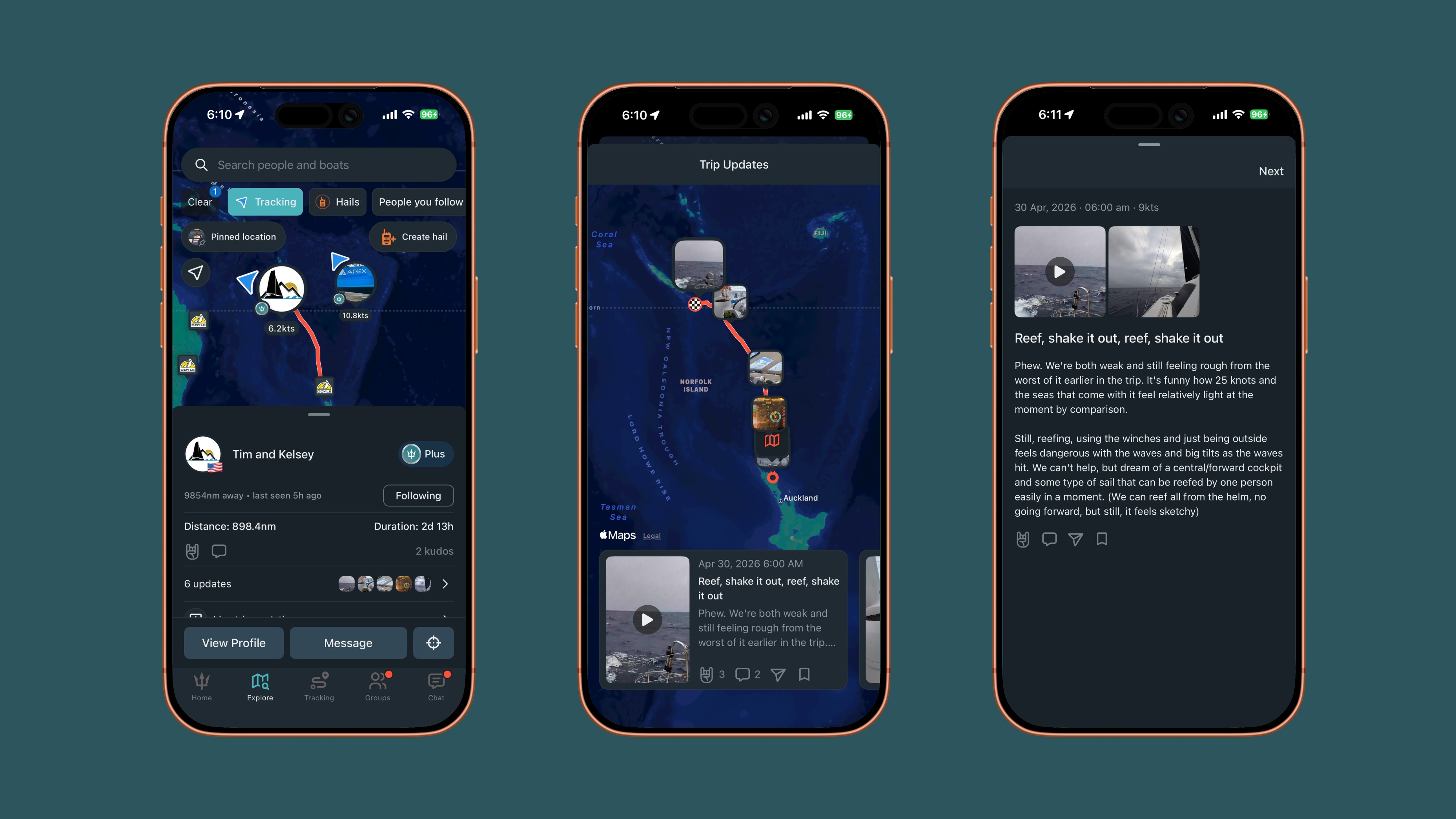 SeaPeople live tracking on three screens showing real-time updates along a Pacific sailing route