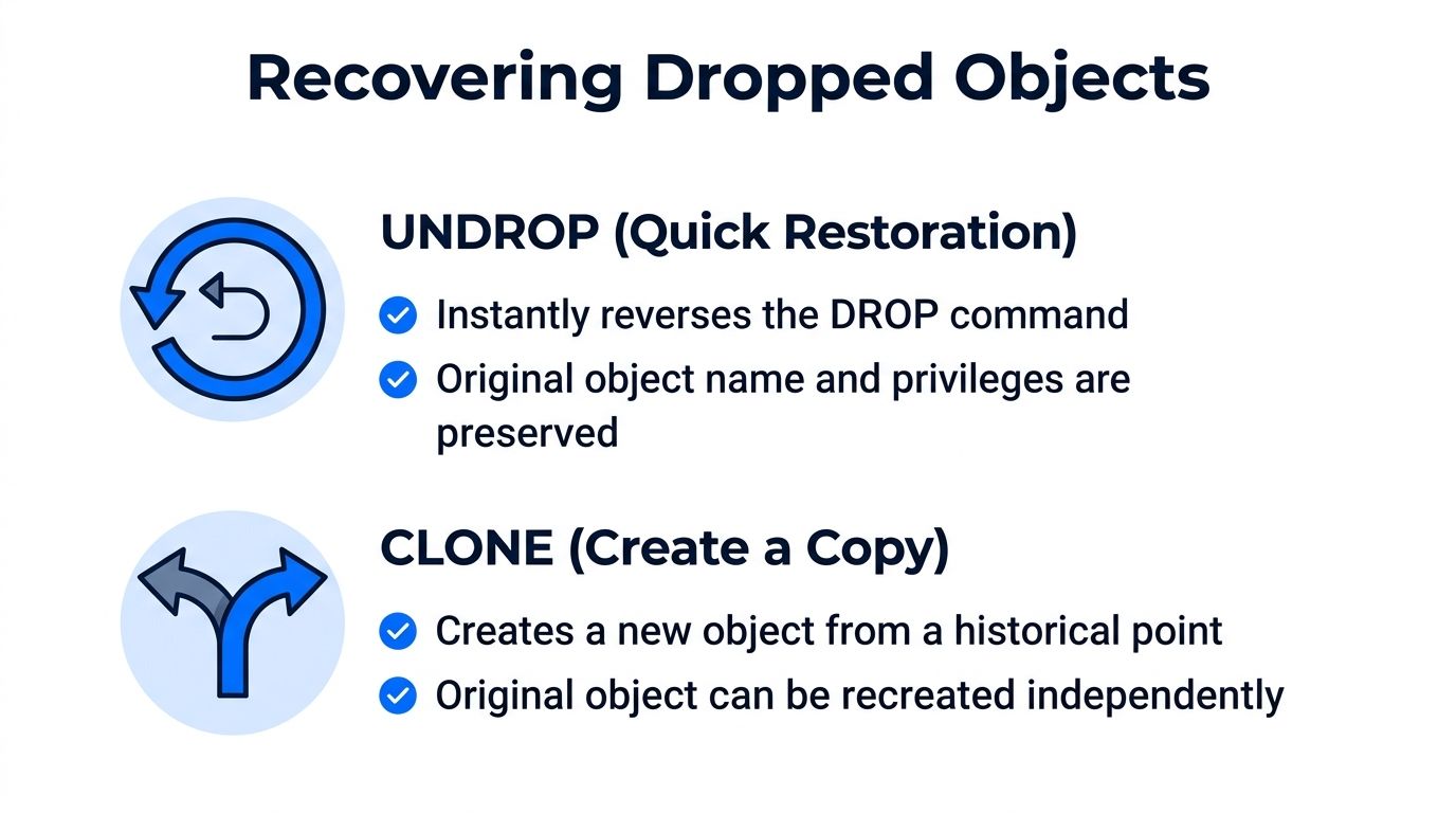 An infographic showing two methods for recovering dropped database objects: UNDROP for instant restoration and CLONE for copying.