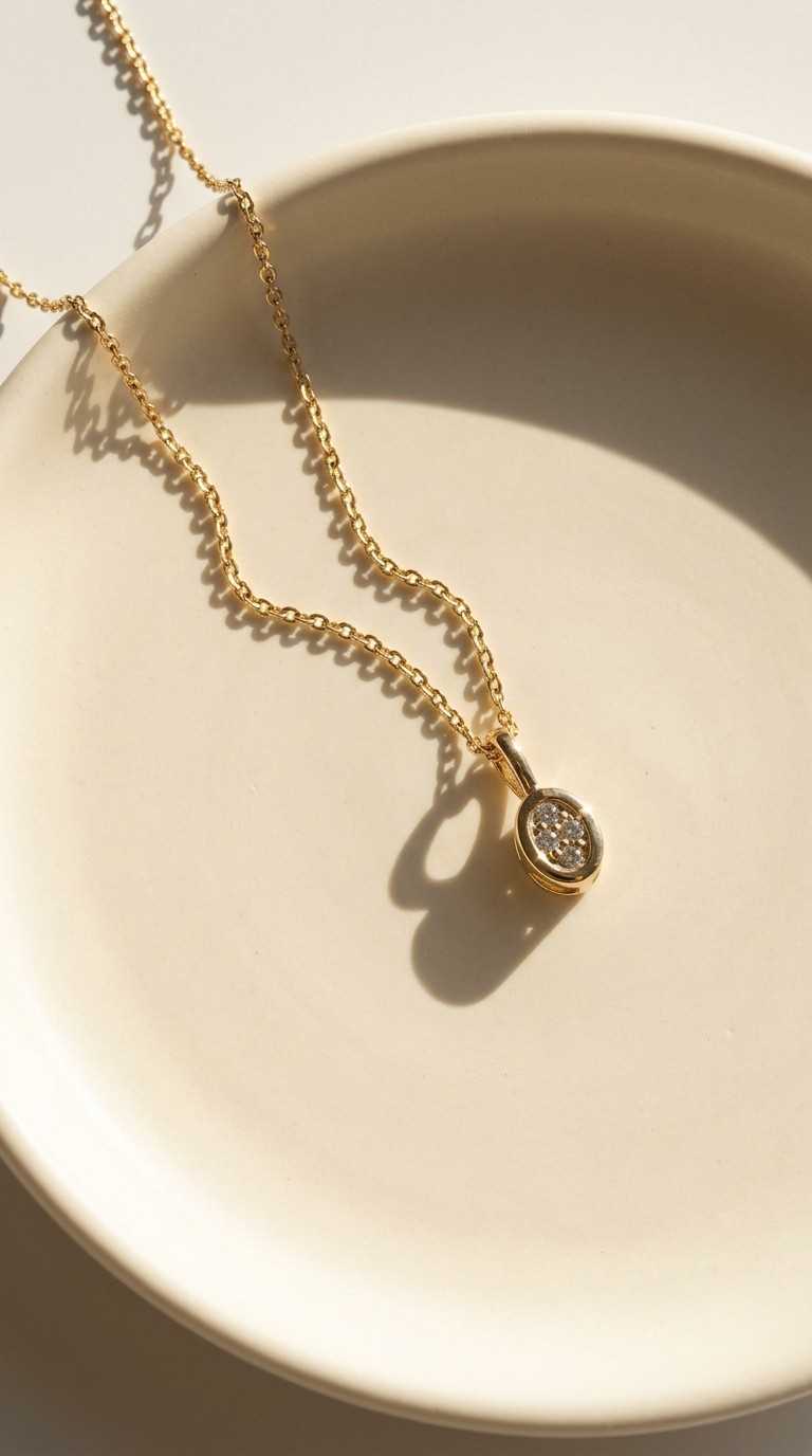 Gold diamond pendant necklace on a cream ceramic plate