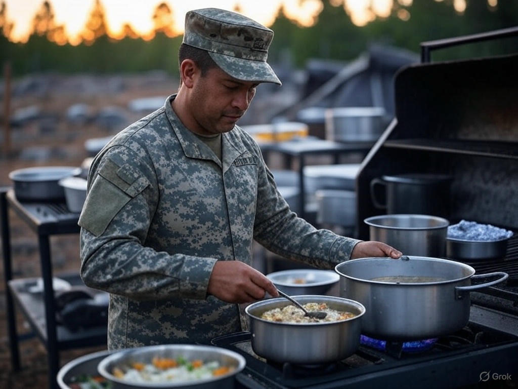 Military cook preparing food in a field kitchen during a non-combat operation.