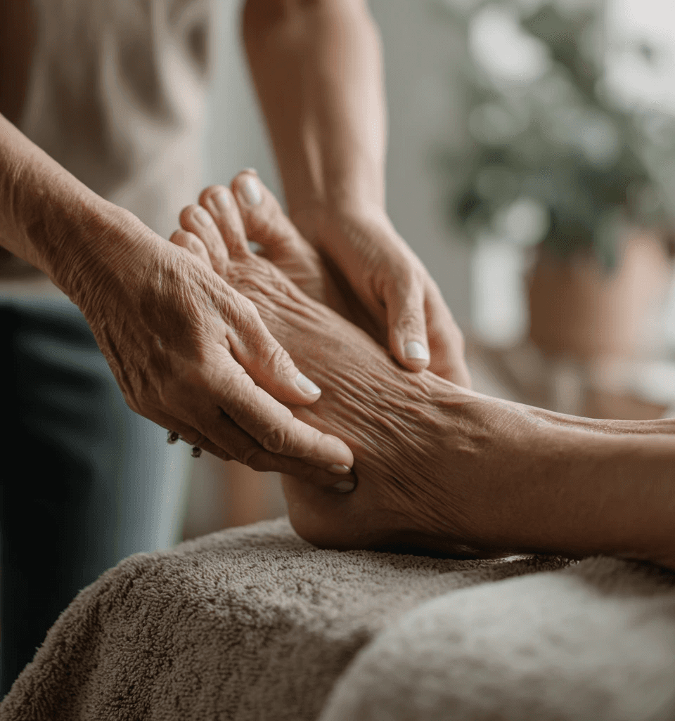 Sanfte Behandlung eines älteren Fußes – SilentAngels® mobile Fußpflege und wohltuende Pflegeleistungen.