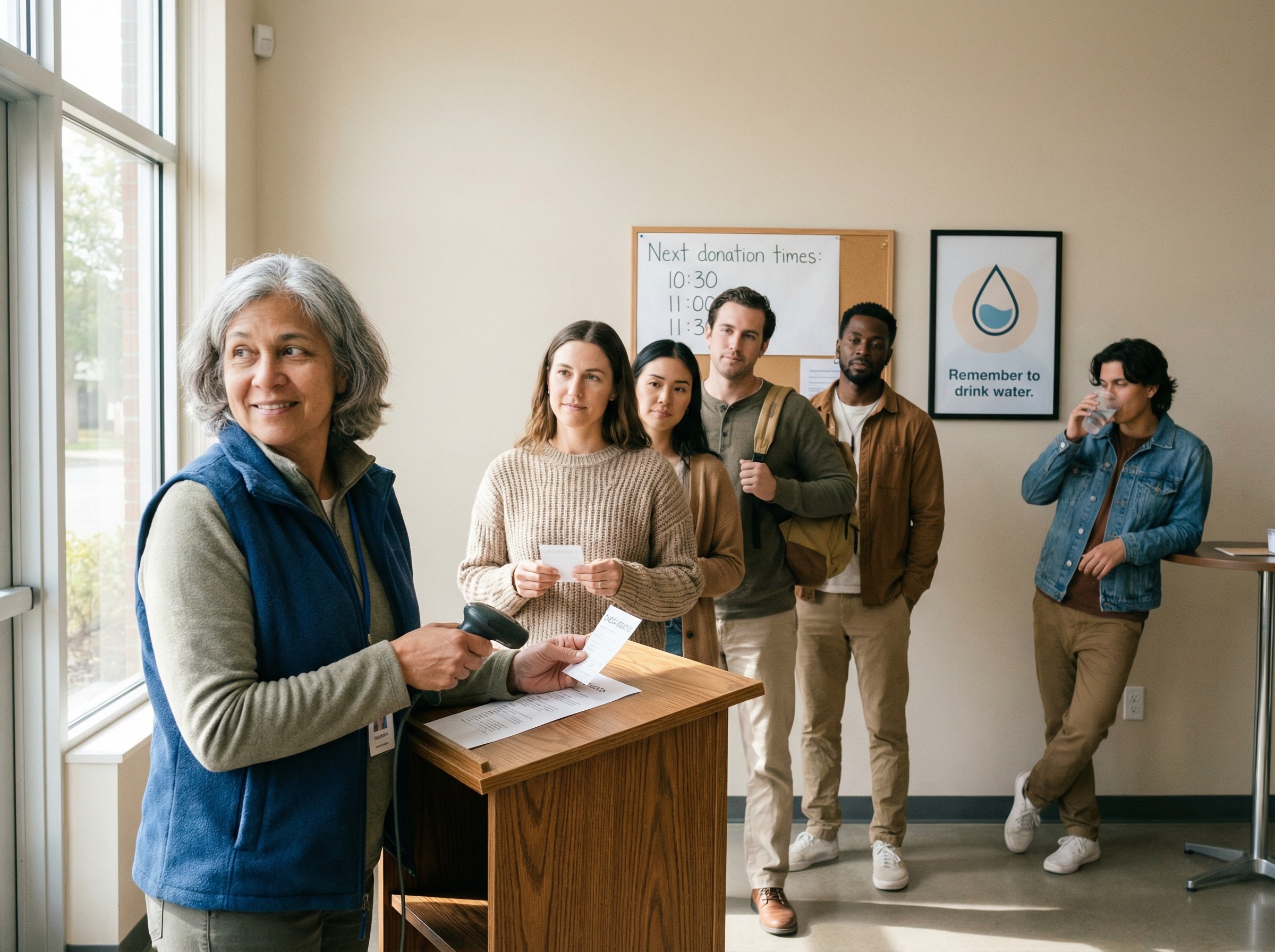 Am Eingang einer Spendeaktion scannt ein Helfer freundlich Tickets, während eine kurze Schlange zügig vorankommt. Ein Hinweisboard zeigt die nächsten Spendezeiten. Die Bewegung ist flüssig, die Stimmung entspannt, niemand wirkt gehetzt. Seitlich wartet ein Spender mit Wasserbecher, ein Plakat erinnert an ausreichendes Trinken.