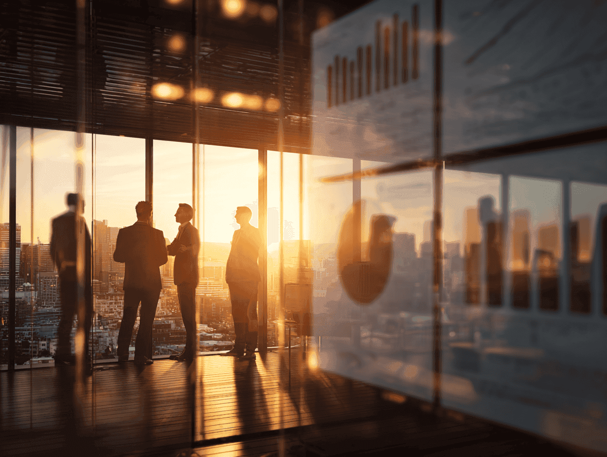 A cinematic, wide-angle scene of business leaders standing in a modern office overlooking a city skyline at sunrise