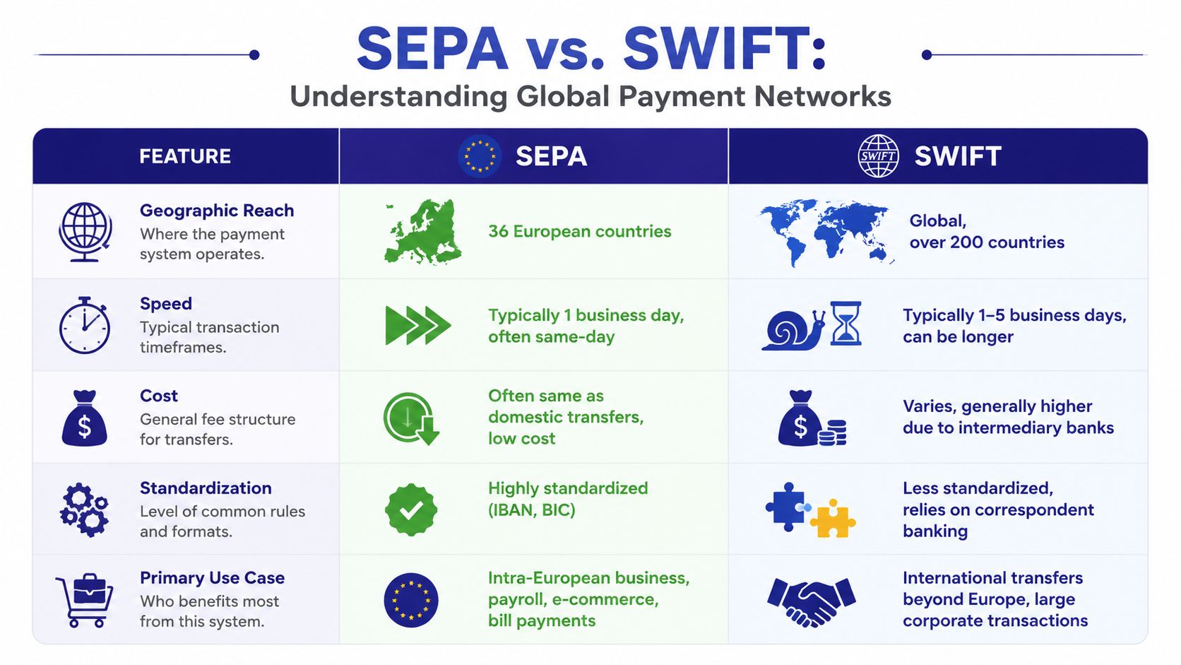 A comparison table infographic explaining the differences between SEPA and SWIFT payment networks regarding reach, speed, and cost.
